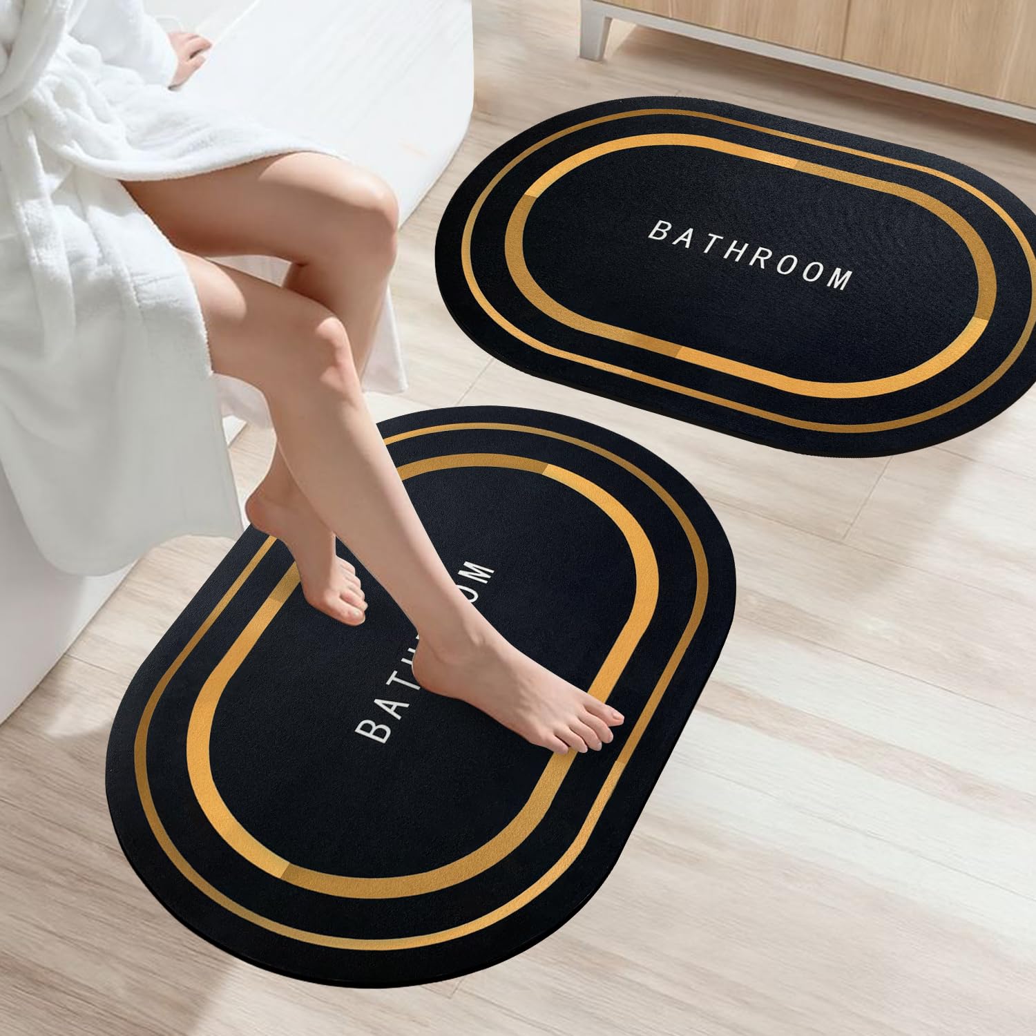 SITTELLA Rubber 2 Pieces (3.5Mm) AntiSkid Water Soaking Bathroom Print Door Oval Mat, Water Absorbent Mat (40X60Cm) Black