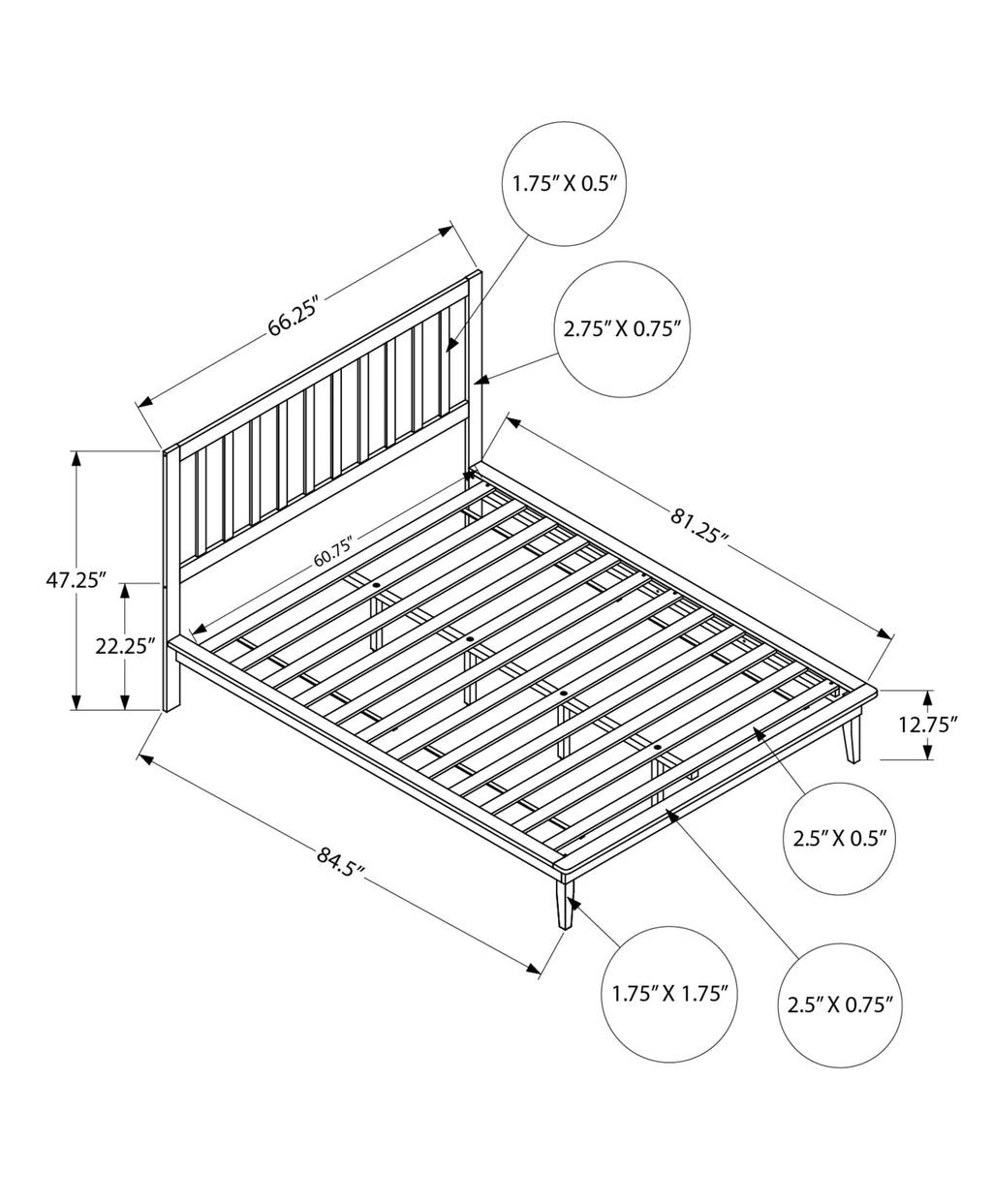 Monarch Specialties I 6061Q Bed, Platform Bed, Queen Size, Frame Only, Bedroom, White Wood Frame, White Wood Legs, Contemporary, Modern