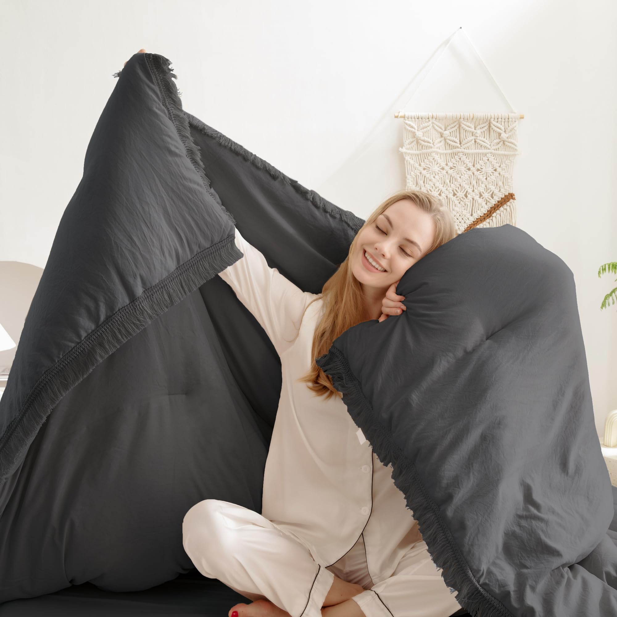 Andency Comforter King Size Bed Set Dark Grey, 3 Pieces Boho Lightweight Winter Bedding Comforters & Sets, All Season Soft Tassel Bed Set (104X90In Comforter & 2 Pillowcases)