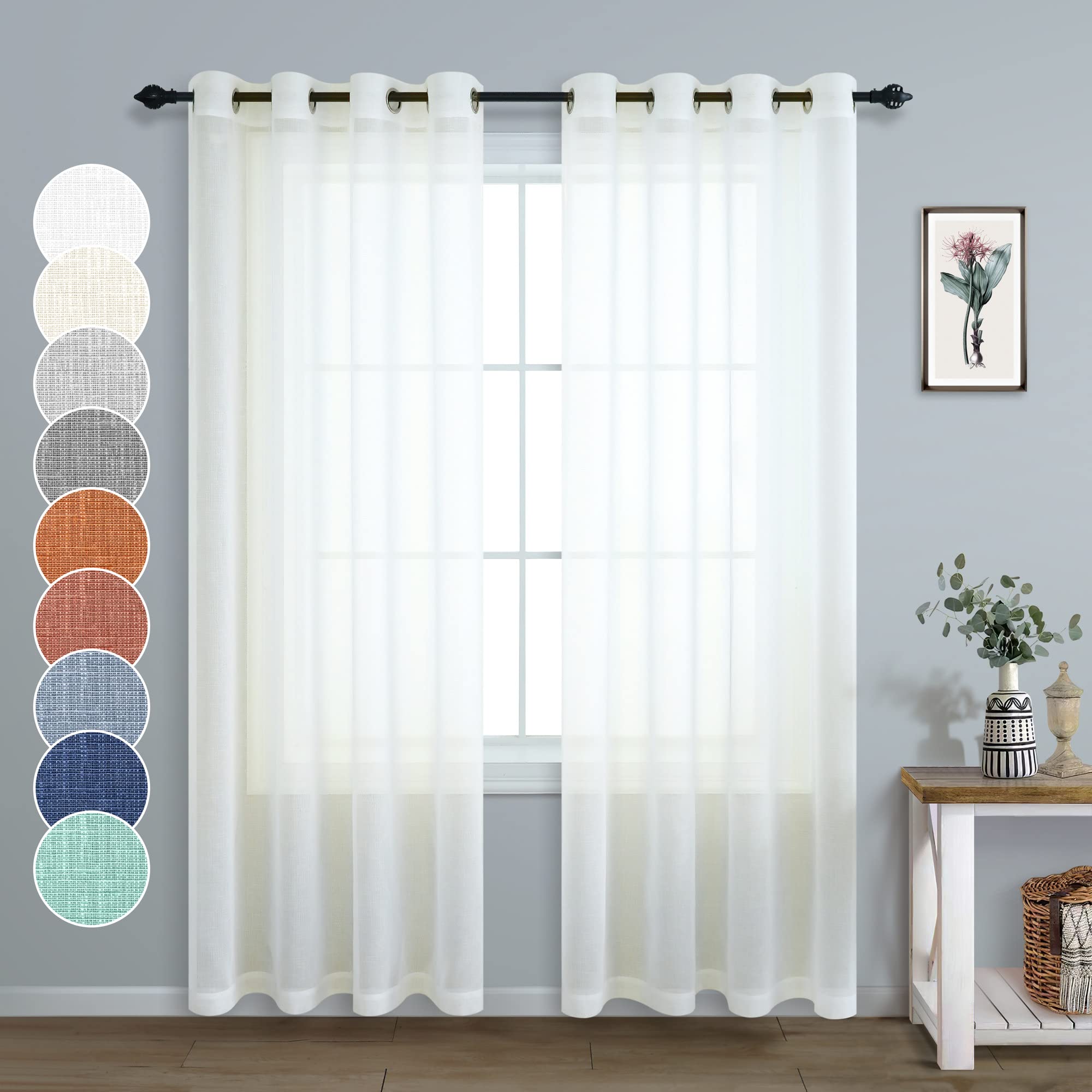 Pitalk White Semi Sheer Curtains 90 Inches Long for Living Room 2 Panels Set Rod Pocket Faux Linen Textured Lightweight Flowy Se