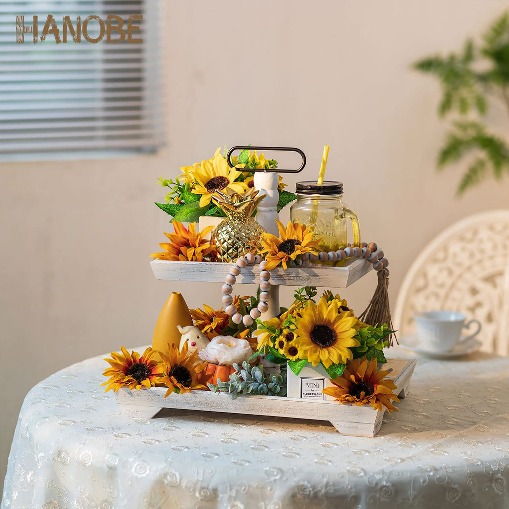 Hanobe Farmhouse Tiered Tray Stand: Rustic White Wood 2 Tier Serving Tray Decor Two Rectangle Wooden For Kitchen Counter Centerp