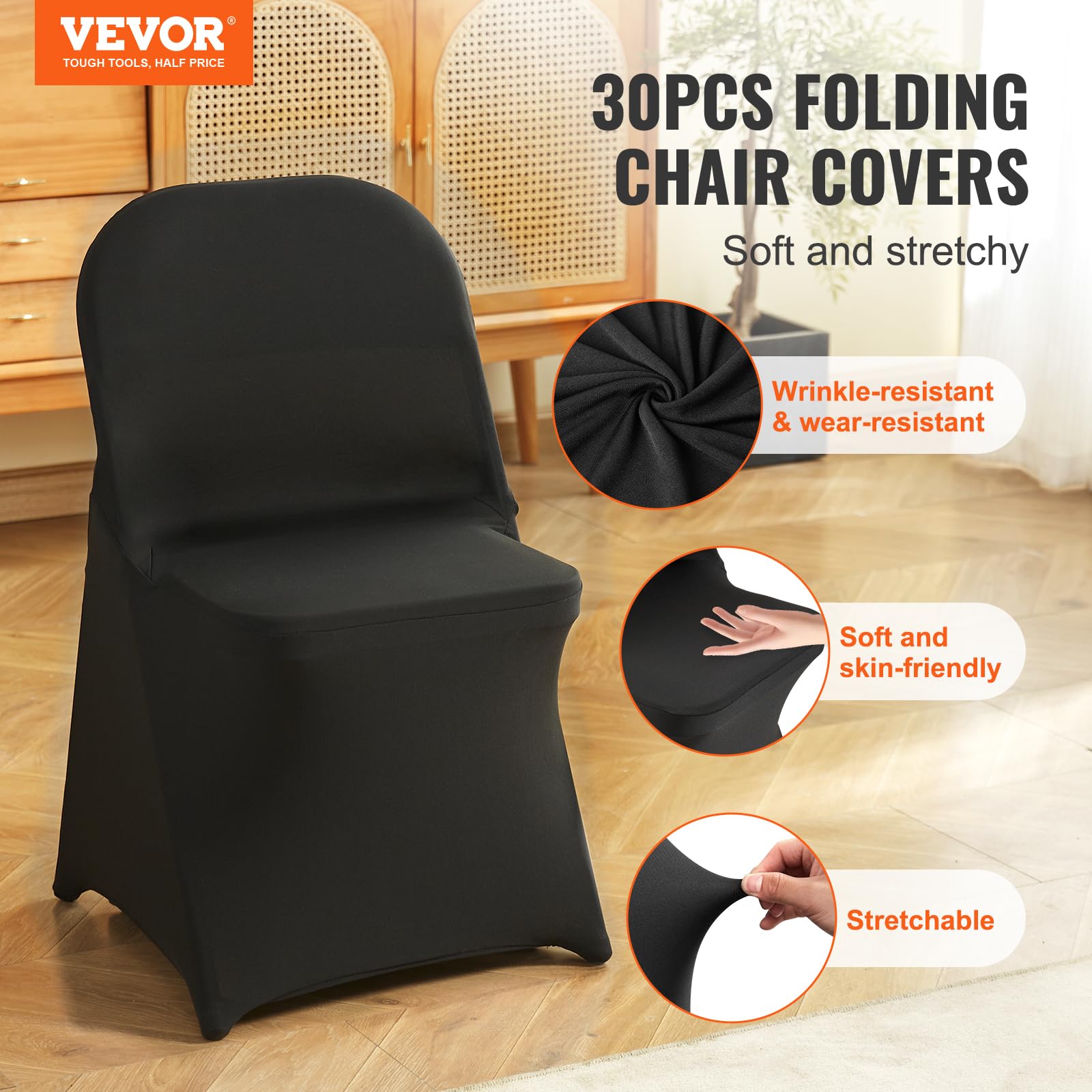 Vevor 30Pcs Black Folding Chair Covers, Universal Fitted Chair Cover, Removable Washable Protective Slipcovers, For Wedding, Holiday, Banquet, Party, Celebration, Dining