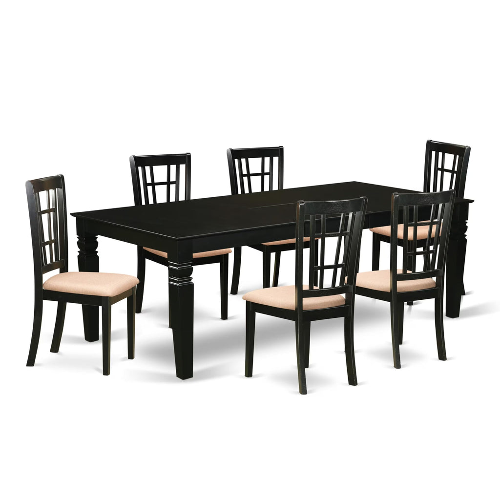 East West Furniture LGNI7-BLK-C 7 Piece Kitchen Table Set Consist of a Rectangle Dining Table with Butterfly Leaf and 6 Linen Fabric Dining Room Chairs, 42x84 Inch, Black