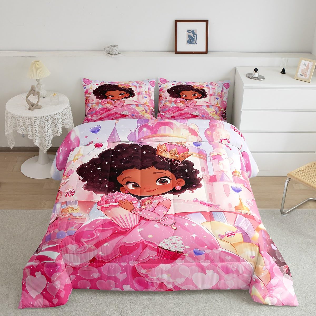 Manfei Black Princess Twin Size Comforter Set,Sweet Dessert Birthday Cake Pink Duvet Set Soft Bed Collection,Dreamy Castle Love