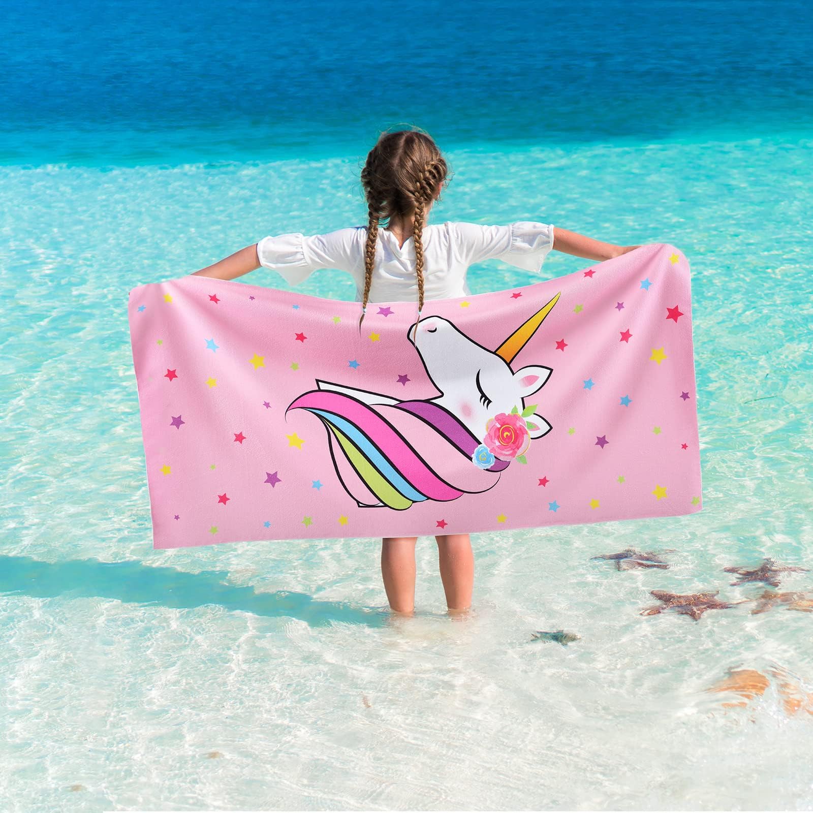 WERNNSAI Unicorn Beach Towel - 30    x 60    Pink Polyester Camping Towels for Girls Kids Quick Dry Ultra Absorbent Super Soft B