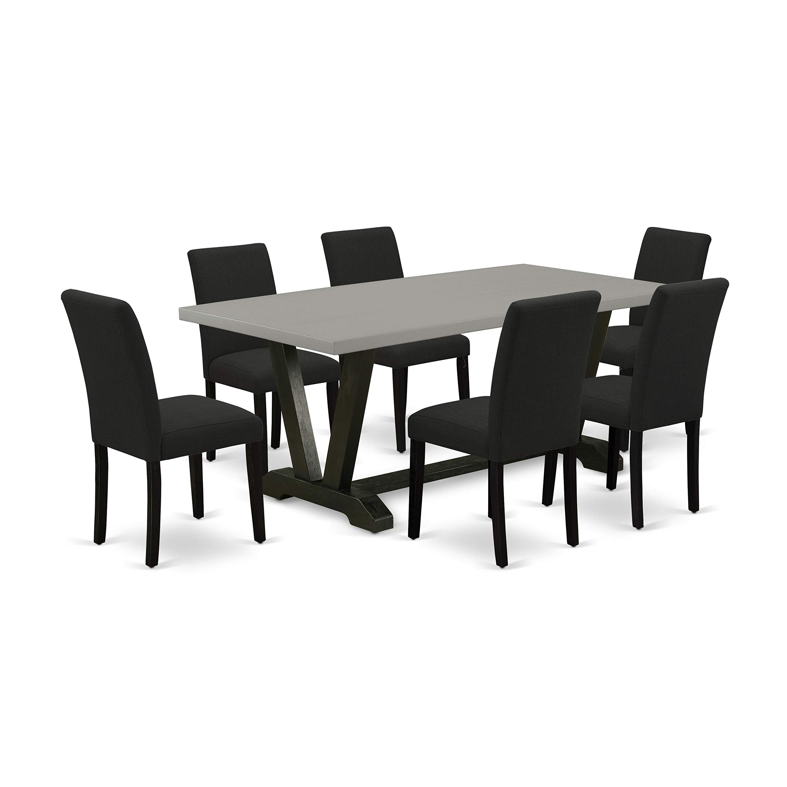 East West Furniture V-Style 7 Piece Modern Dining Set Consist Of A Rectangle Wooden Table With V-Legs And 6 Black Linen Fabric Upholstered Chairs, 40X72 Inch, Multi-Color