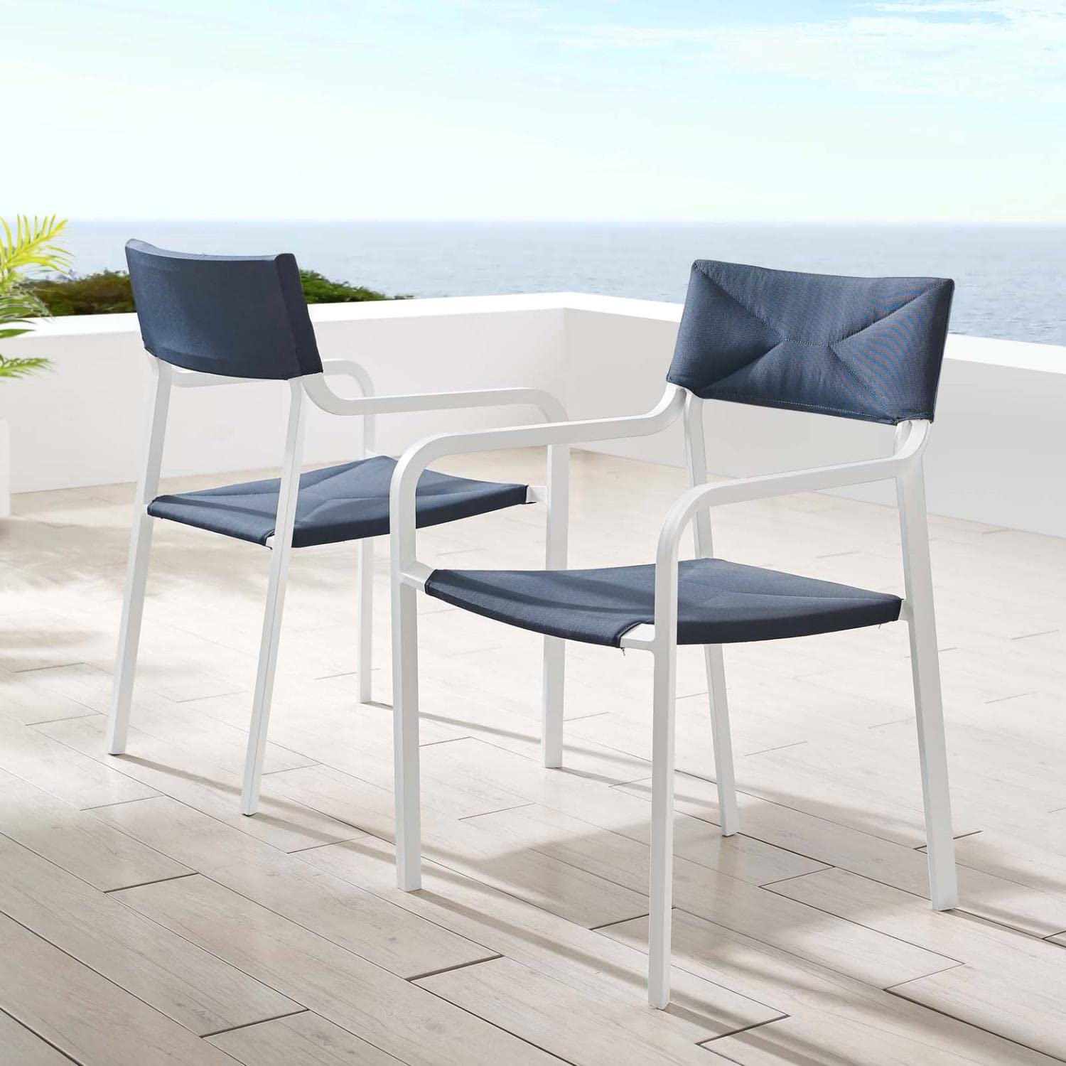 Modway Raleigh 34" Modern Fabric Outdoor Patio Armchair In White/Navy (Set Of 2)
