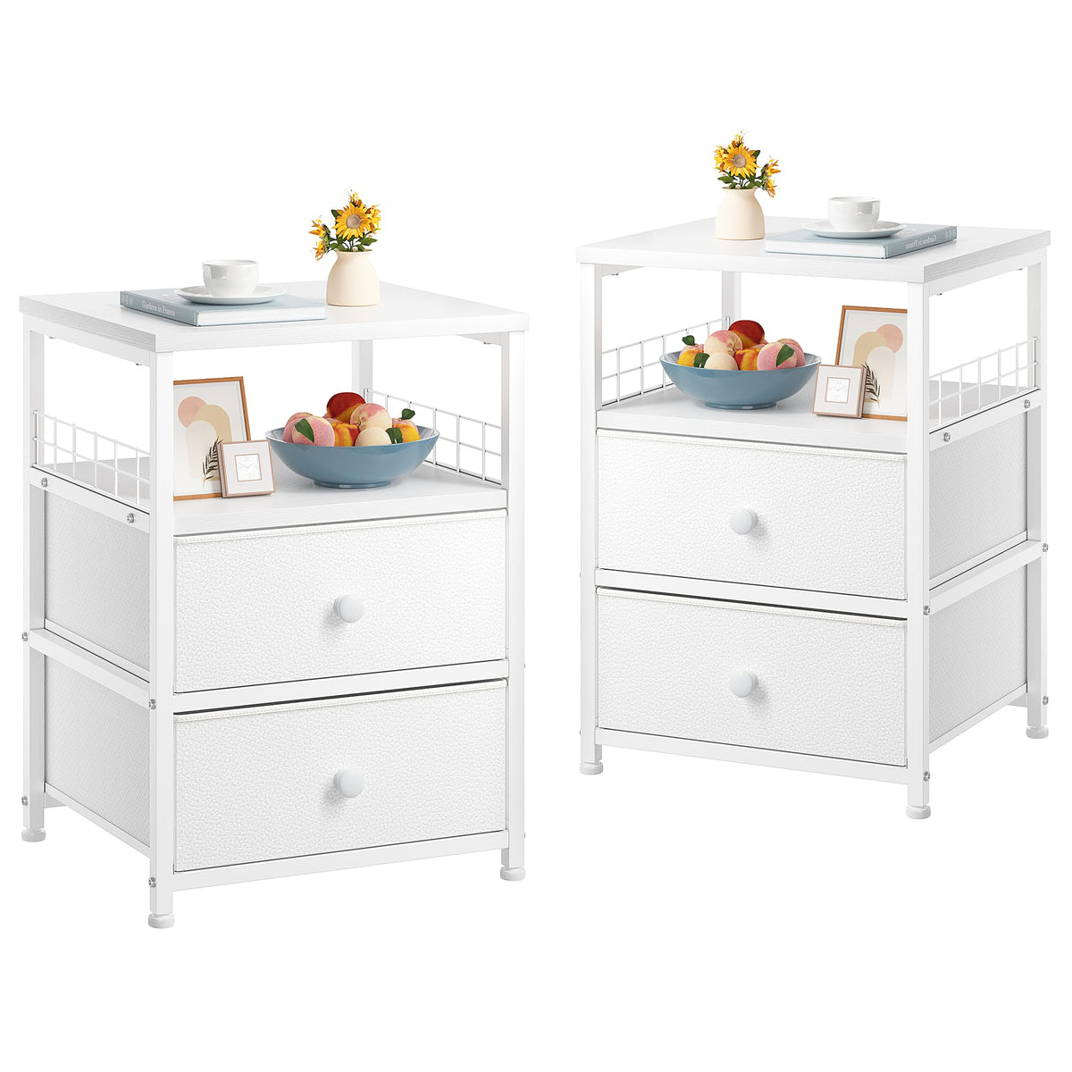 Enhomee Nightstand Set Of 2, End Tables With 2 Drawers And Open Wood Shelf Storage, Modern Bedsides Table, Night Stands For Bedroom, Dorm, Easy Assembly And Pull, White