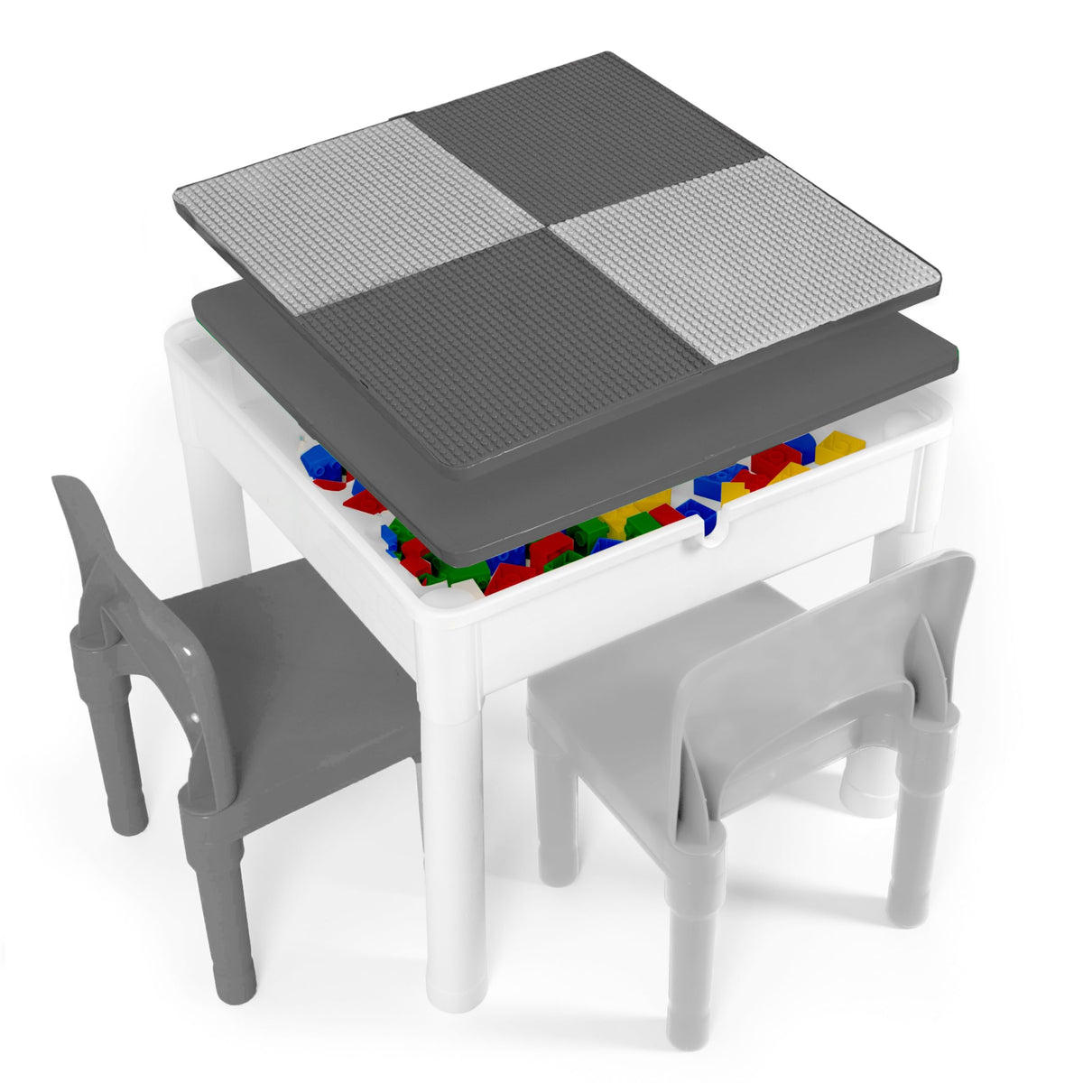 Play Platoon 5 In 1 Kids Activity Table And Chair Set- Stem Table For Toddlers With Water Table, Building Block Table, Craft & Sensory Table For Toddlers With 2 Chairs & 25 Xl Blocks – Neutral Gray