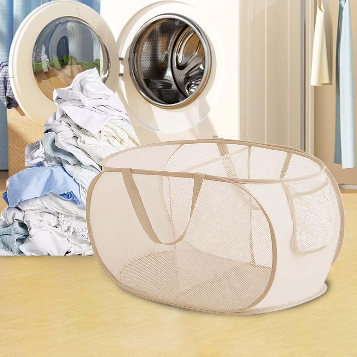 TRENDIVIBE Foldable Laundry Basket Mesh Dirty Clothes Hamper for Dorm Bedroom Underwear 2 Grids Beige