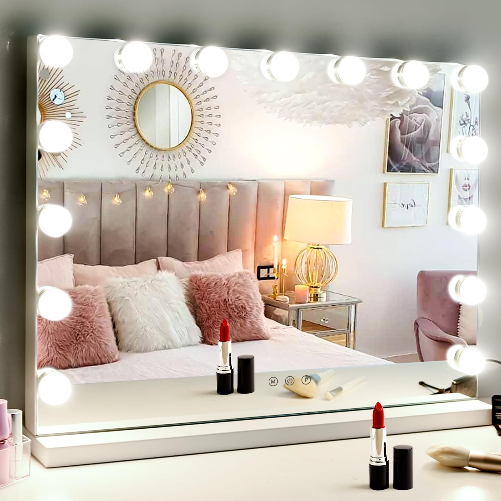 M MIVONDA Hollywood Vanity Mirror with Dimmable 15LED Bulbs Lights 3 Lighting Modes 2in1 Large Lighted Makeup Mirror for Desk an