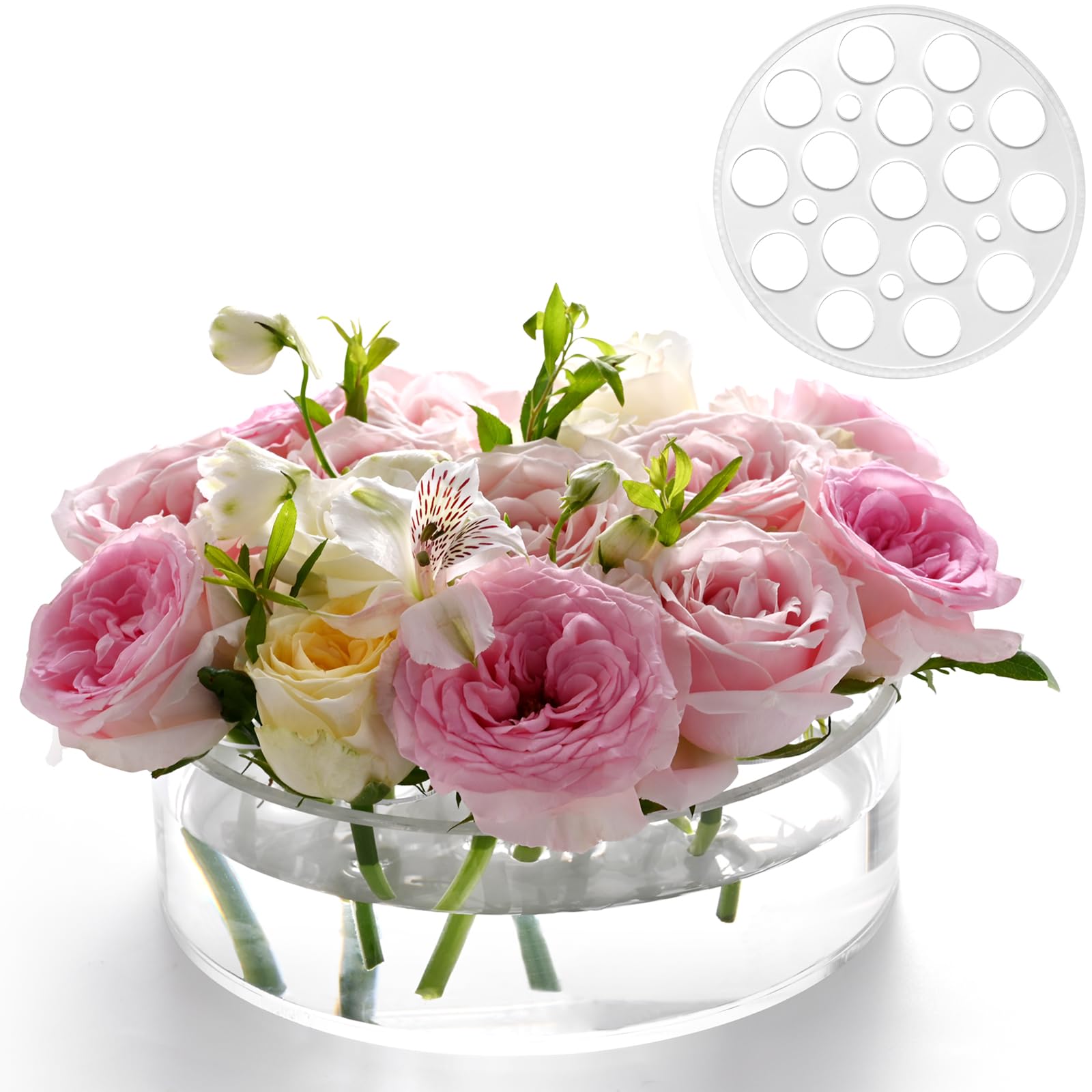 GIVMOR COLOS Acrylic Flower Vase 8 in Dia. Circular Leak-Proof Clear Acrylic Low Vase with 16+5 Holes - Low-Profile Cylinder Flo
