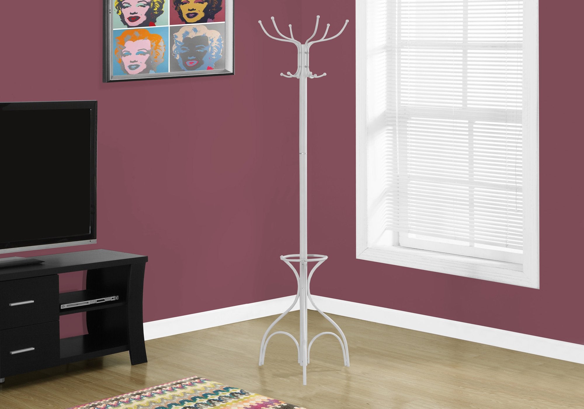 Monarch Specialties 2030, Hall Tree, Free Standing, 12 Hooks, Entryway, Umbrella Holder, Bedroom, Metal, White, Contemporary, Modern Coat Rack, 18' L x 18' W x 70' H