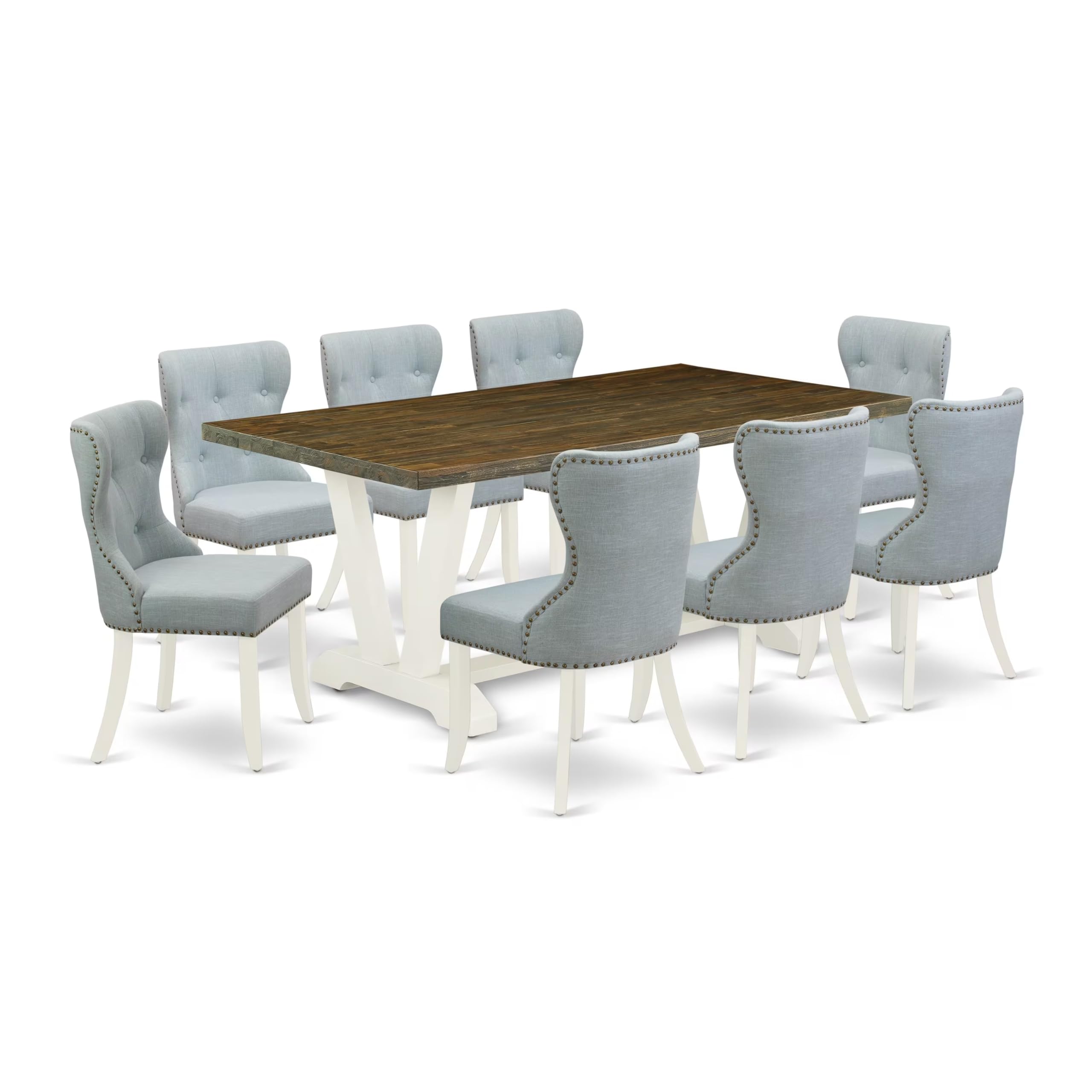 East West Furniture V077Si215-9 9 Piece Kitchen Table Set Includes A Rectangle Dining Table With V-Legs And 8 Baby Blue Linen Fabric Parsons Dining Chairs, 40X72 Inch, Multi-Color