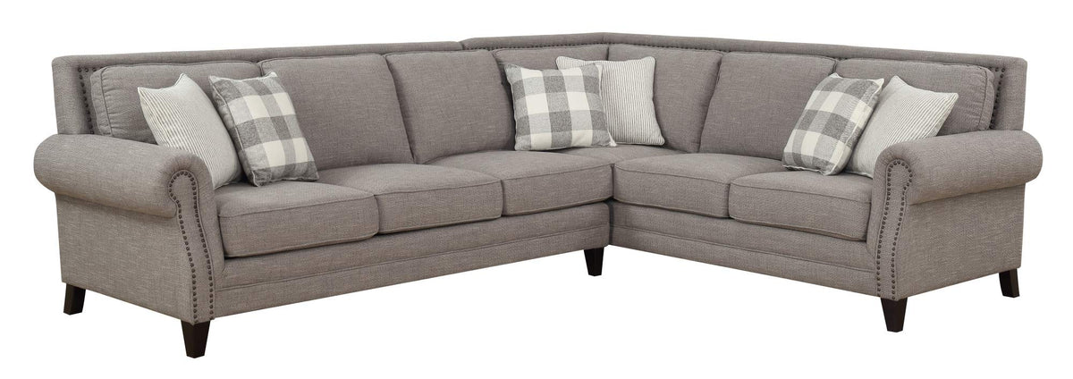 Madrona Burke Caroline Pebble Brown Sectional with Rolled Arms, Turned Feet, and Nailhead Trim