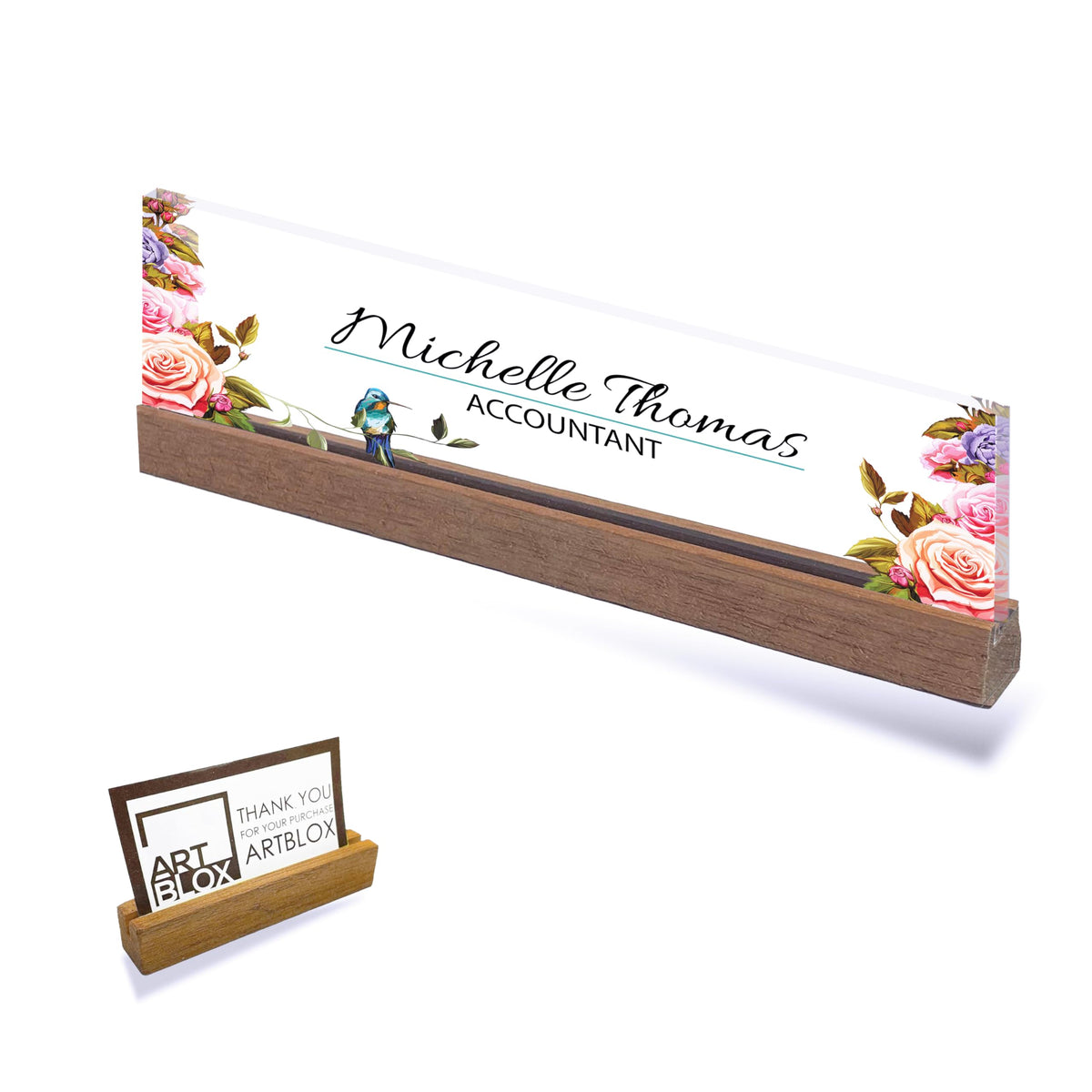 Artblox | Office Personalized Name Plate Flower With Bird Design On Clear Acrylic Glass For Desk With Business Card Holder