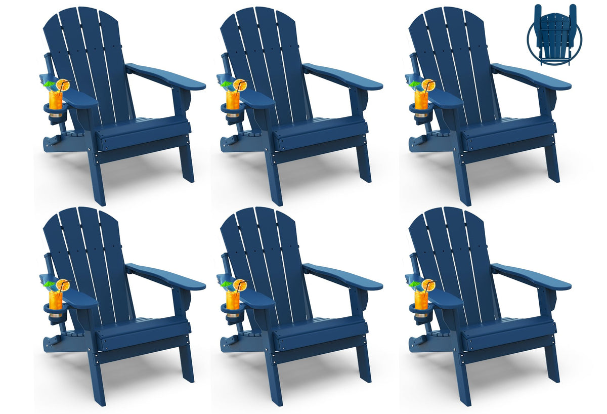 Greenvines Folding-Adirondack-Chairs-Set-Of-6 | Hdpe Plastic | Fire Pit Chair | All Weather | Cup Holder | Blue | For Deck Backyard Patio Outdoor Garden