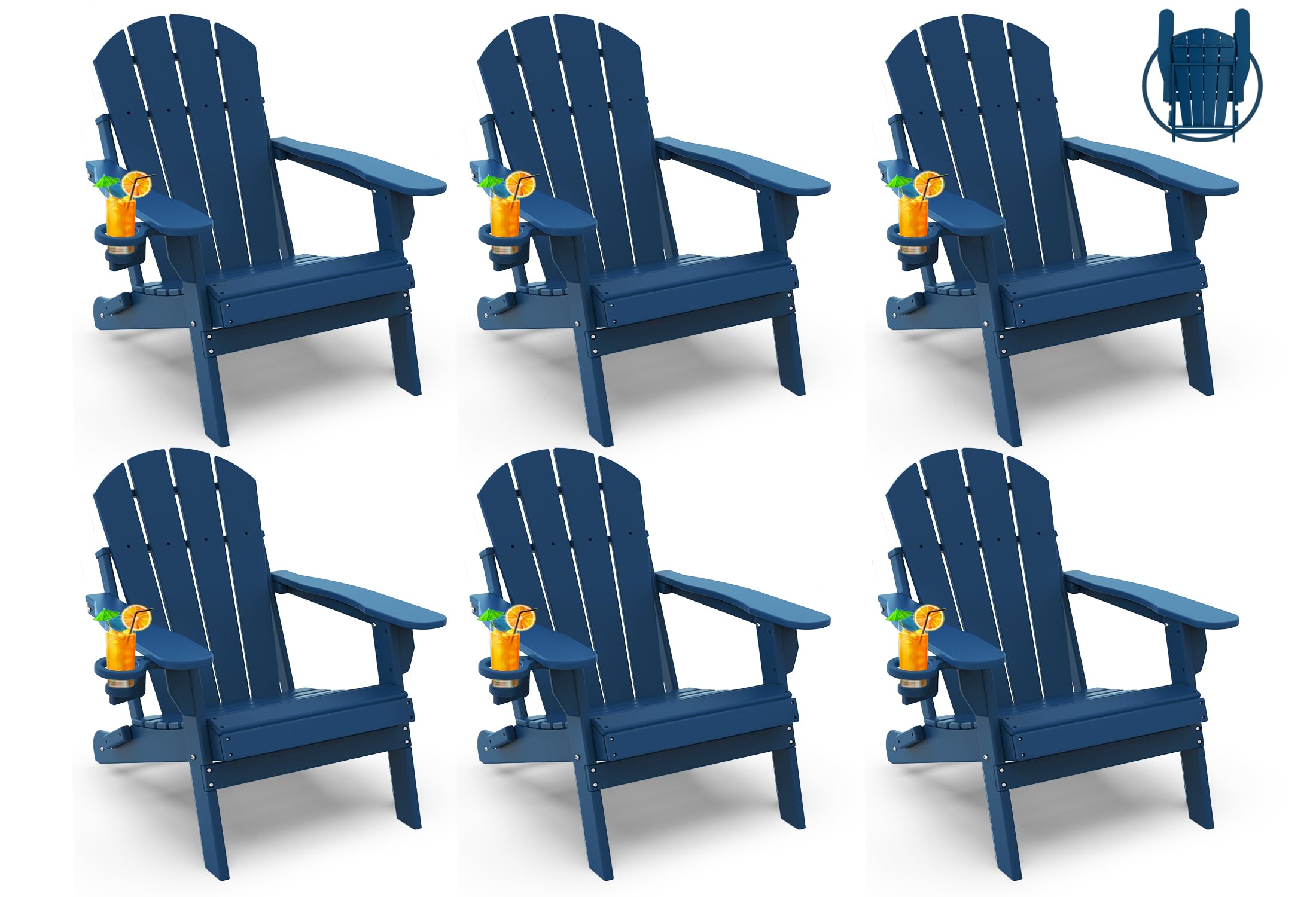 Greenvines Folding-Adirondack-Chairs-Set-Of-6 | Hdpe Plastic | Fire Pit Chair | All Weather | Cup Holder | Blue | For Deck Backyard Patio Outdoor Garden