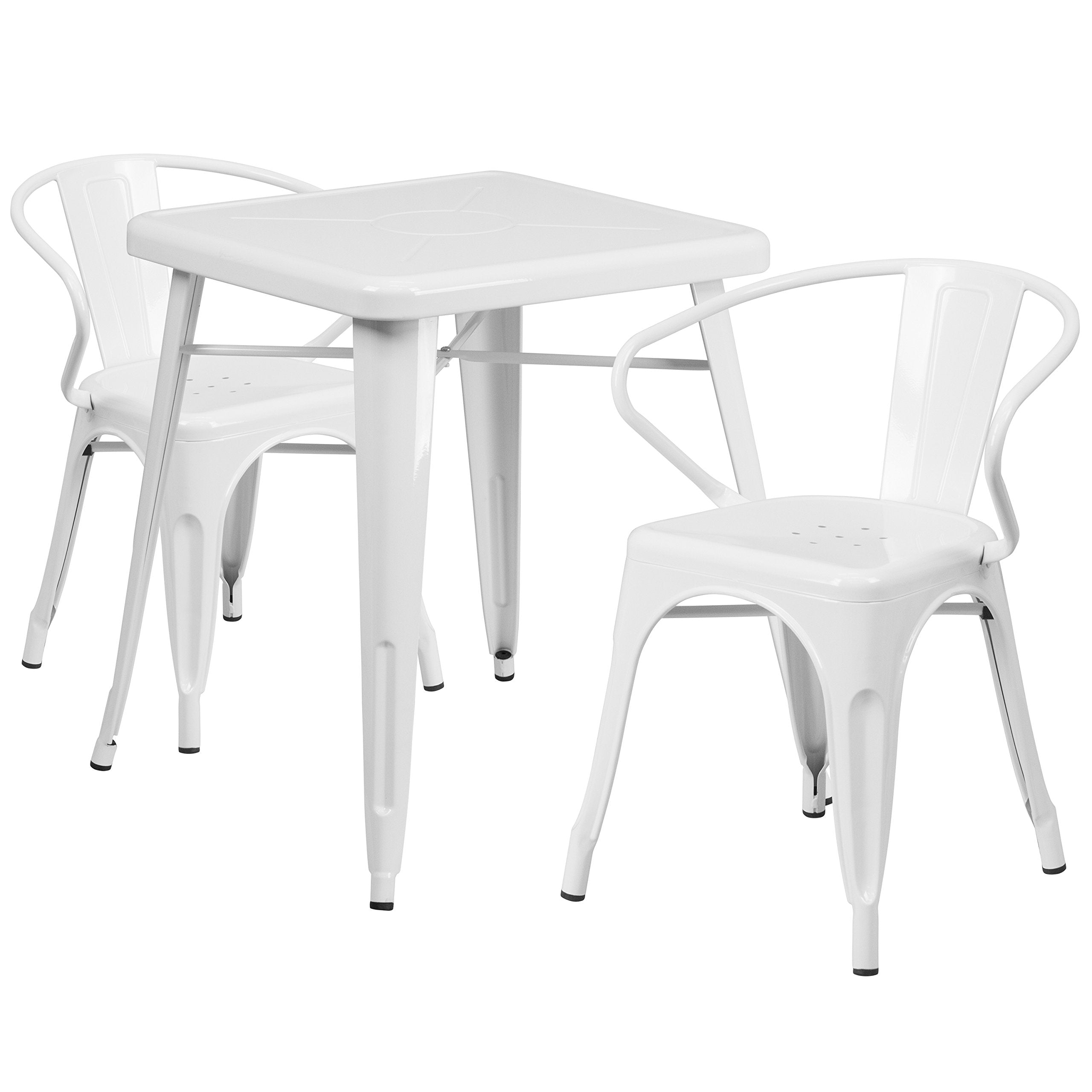 Flash Furniture Commercial Grade 23.75" Square White Metal Indoor-Outdoor Table Set with 2 Arm Chairs