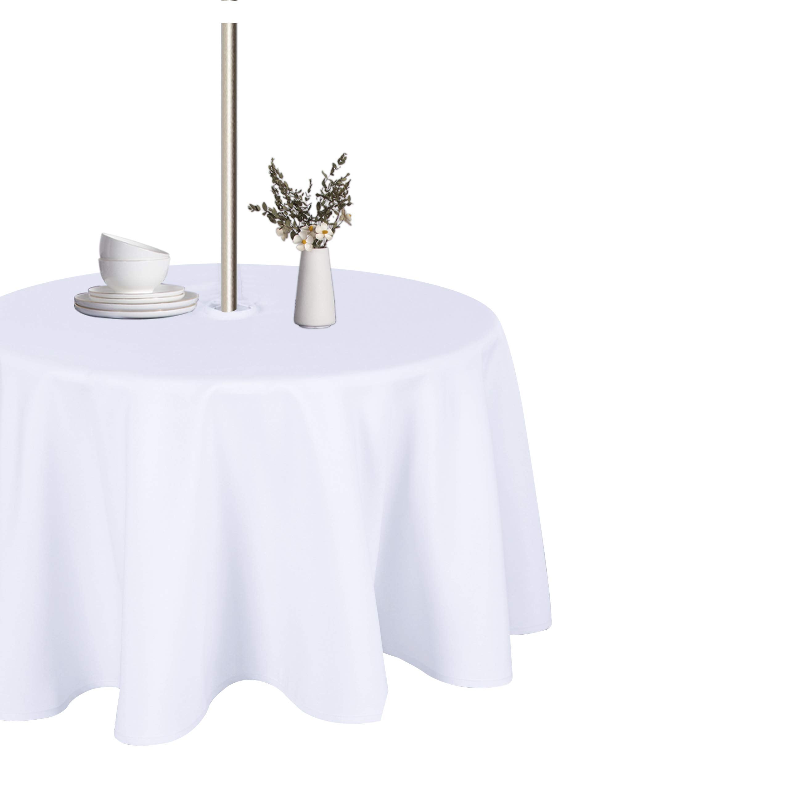 Lushvida Round Outdoor Tablecloth With Umbrella Hole And Zipper, 60 Inch White, Washable Waterproof Table Cloth Spill Proof Wrin