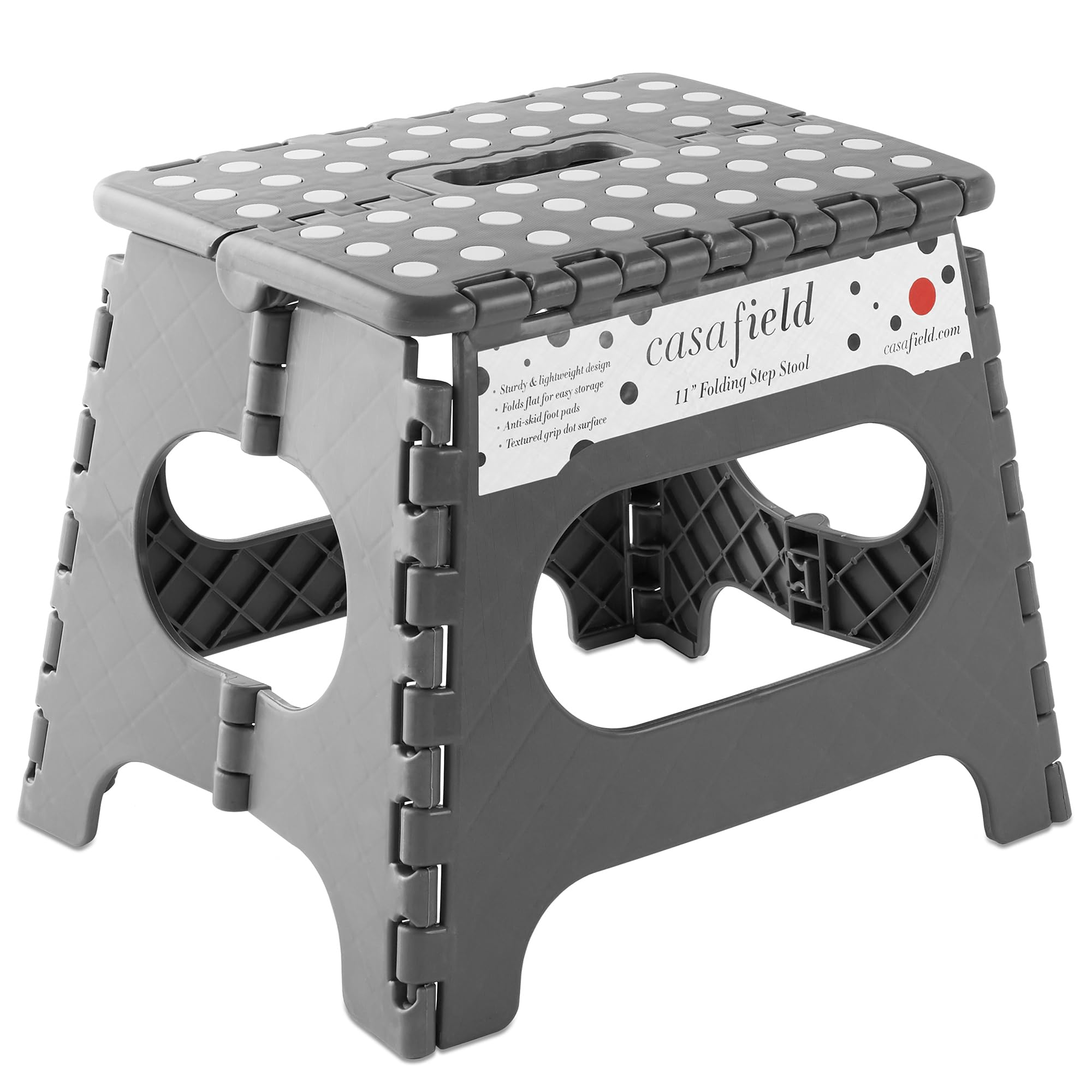 Casafield 11 Folding Step Stool with Handle, Gray - Portable Collapsible Small Plastic Foot Stool for Kids and Adults - Use in T