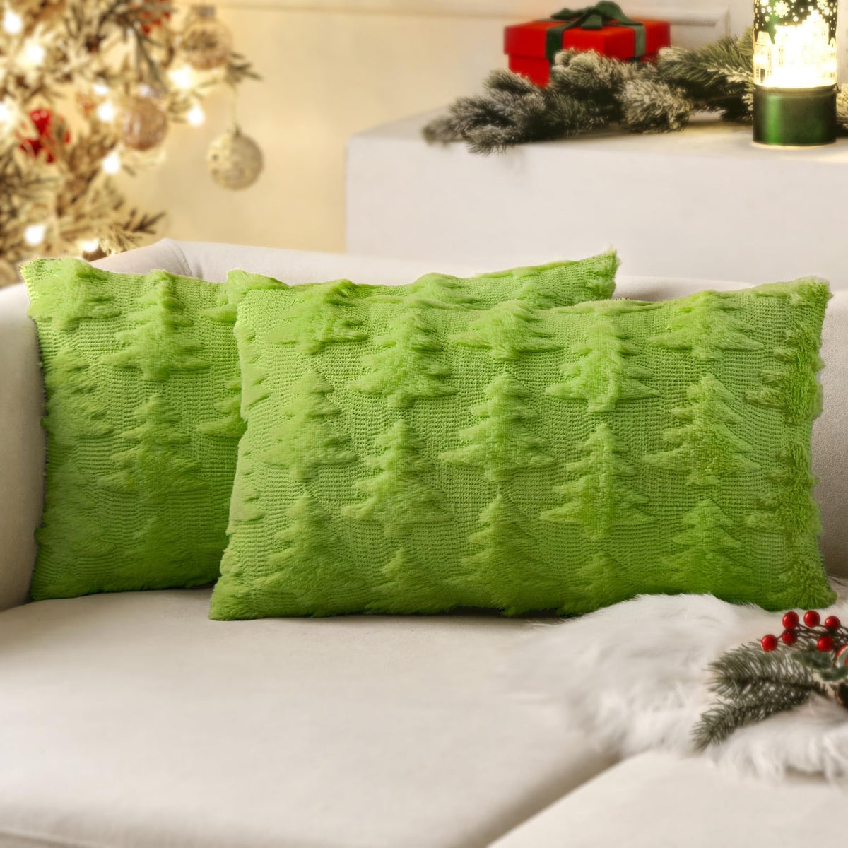 Miulee Green Throw Pillow Covers Christmas Tree Decorative Pillow Covers 12X20 Inch Soft Plush Faux Wool Pillow Covers Set Of 2