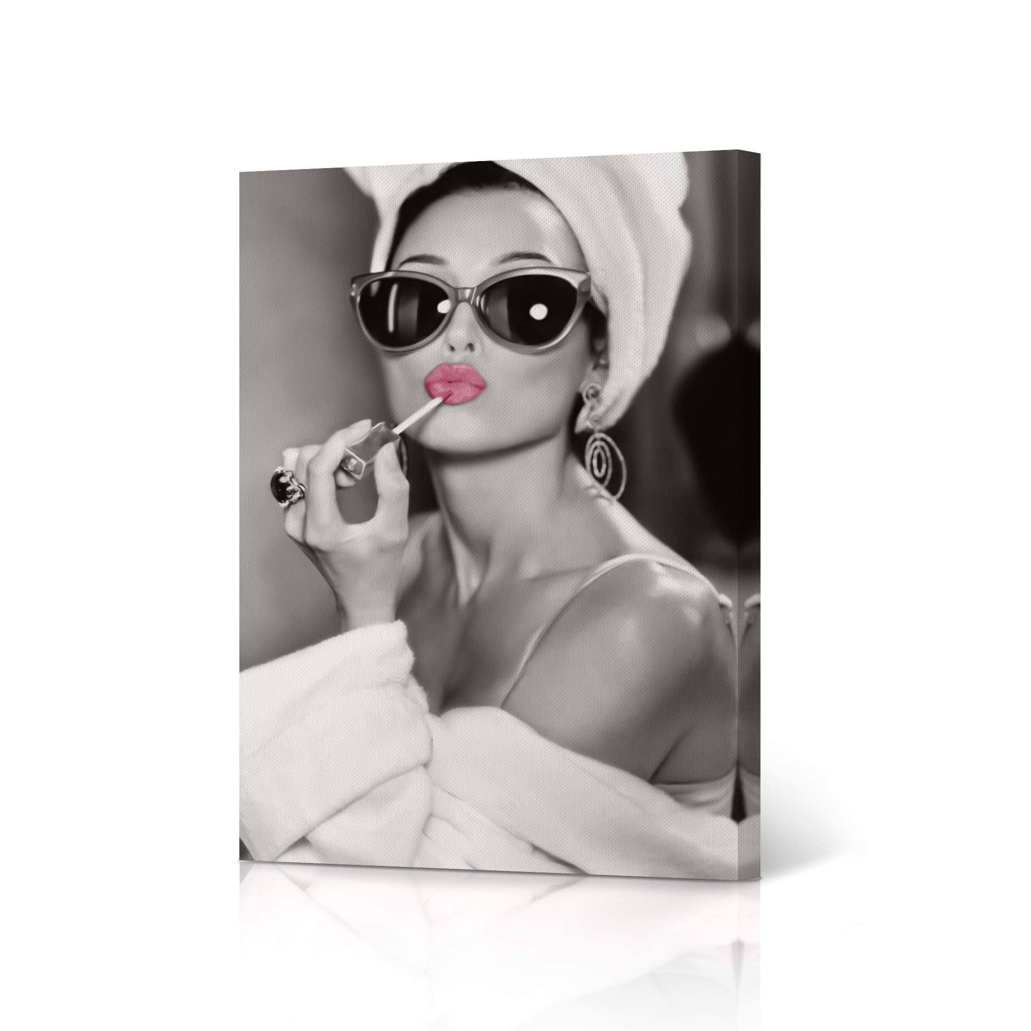 HB Art Design Audrey Hepburn Style Wall Art Pink Lips Canvas Print Lipstick Makeup Iconic Pop Art Glam Fashion Black and White W
