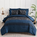 Luxudecor Navy Blue Comforter Set King Size, 7 Pieces Stripe Geometric Bed In A Bag, Soft Microfiber Navy Comforter And Sheet Se