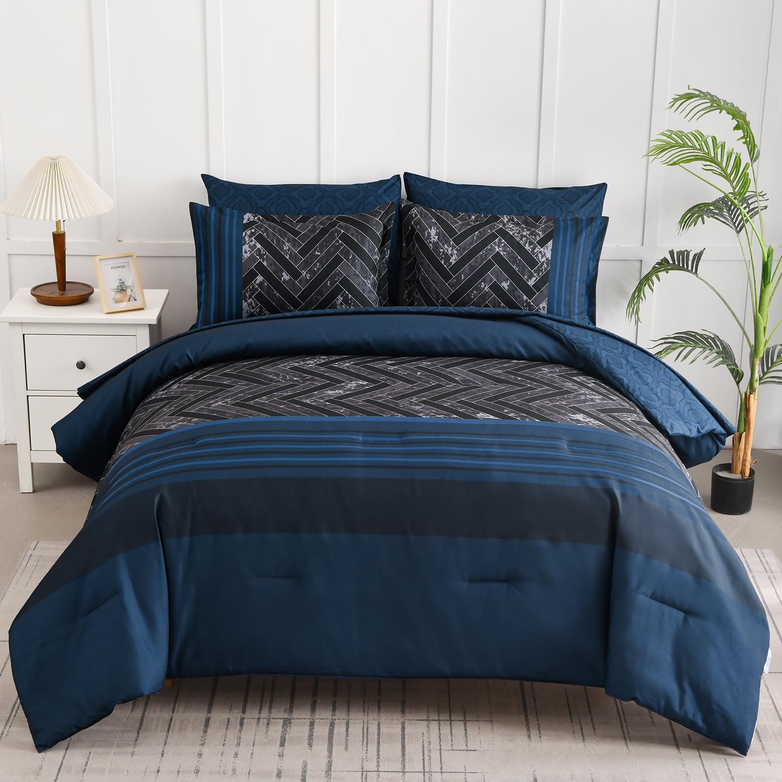 Luxudecor Navy Blue Comforter Set King Size, 7 Pieces Stripe Geometric Bed In A Bag, Soft Microfiber Navy Comforter And Sheet Se