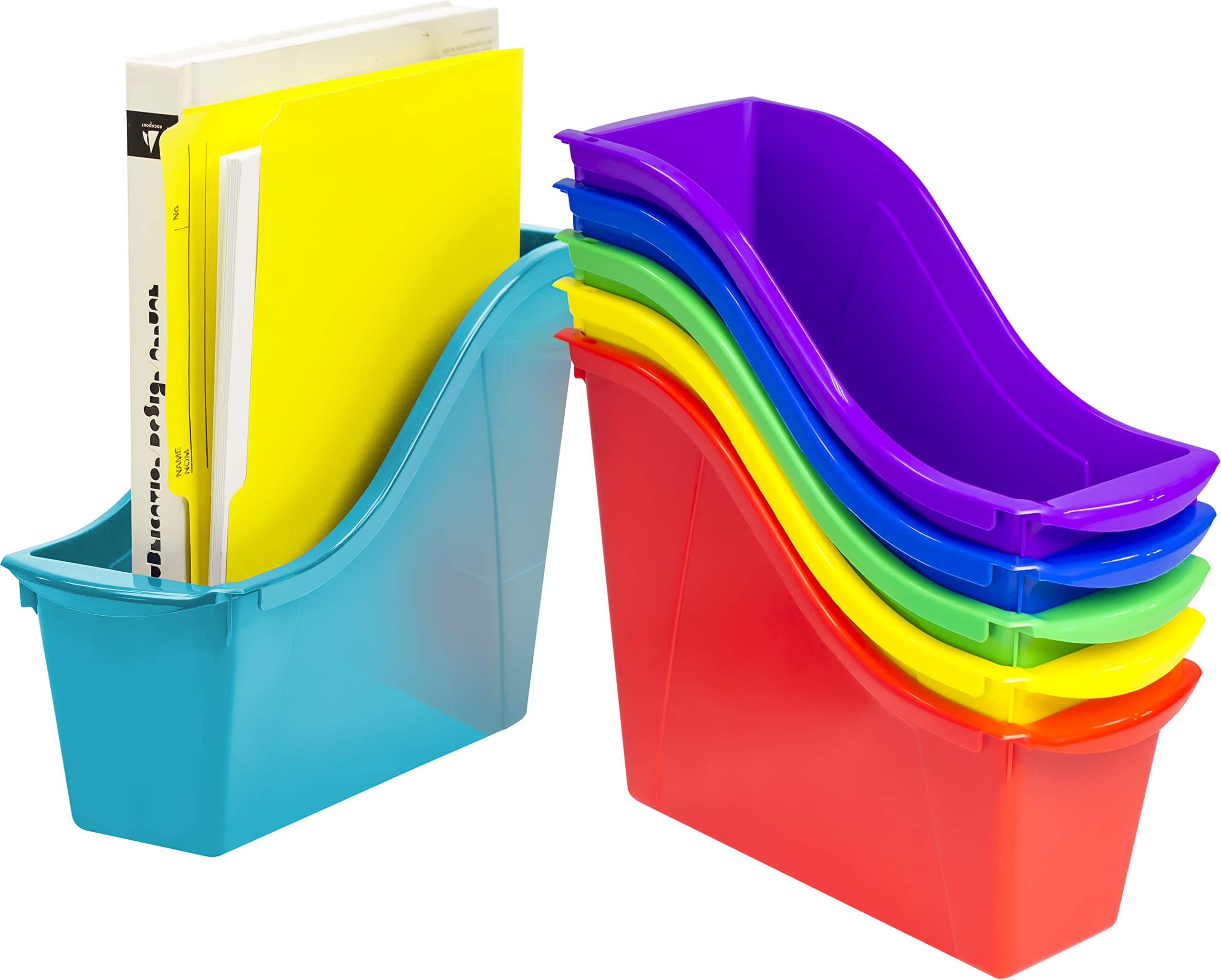 Storex Small Book Bin - Interlocking Plastic Organizer for Home, Office and Classroom, Assorted STEM, 6-Pack (70113A06C)