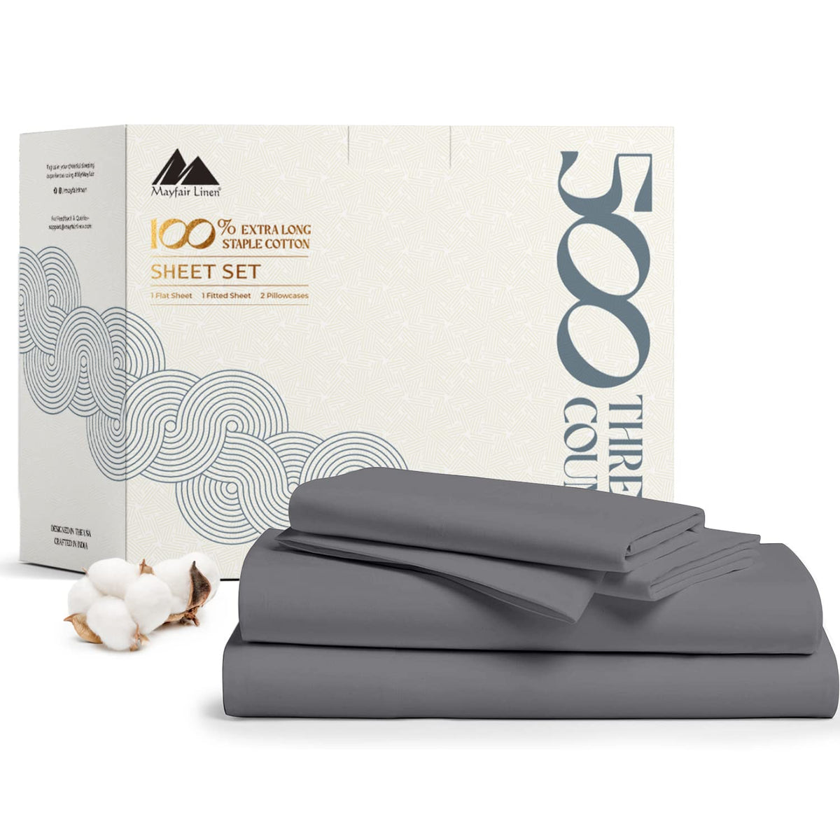 500 Thread Count Cotton Sheet Dark Grey Queen Sheets Set, 4-Piece Long-Staple Combed Pure Cotton Best Sheets For Bed, Breathable