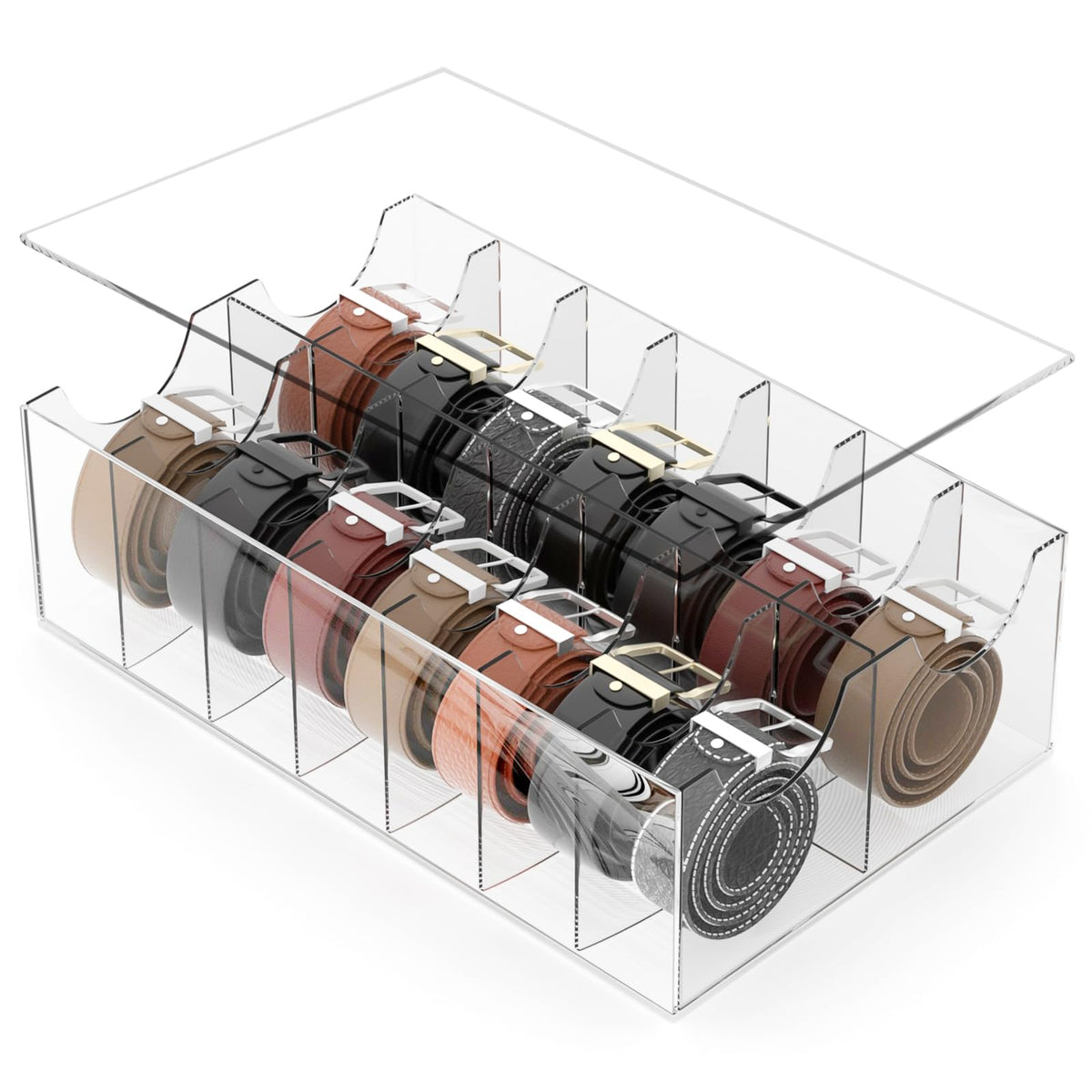 ACRYDECOR Large Acrylic Belt Organizer, Clear 14 Compartments Storage with Dust Cover, Display Holder for Home