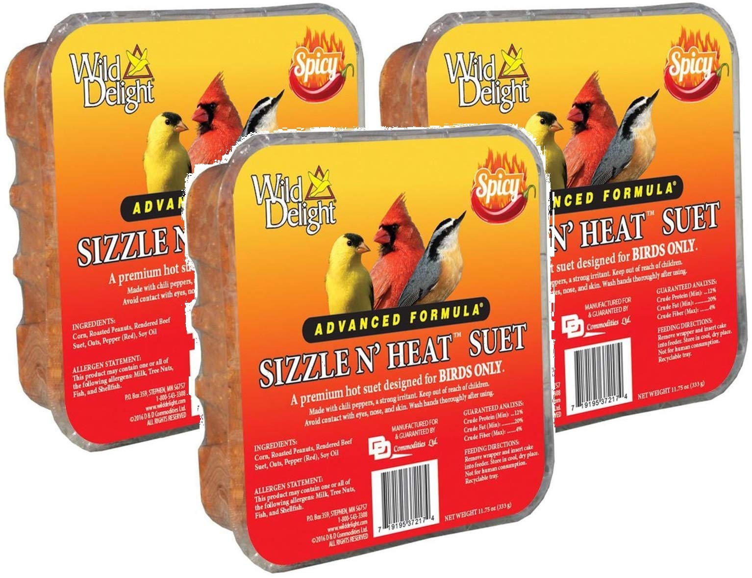 Wild Delight 3 Pack Of Sizzle N Heat Spicy Suet For Birds, 11.75 Ounces Each