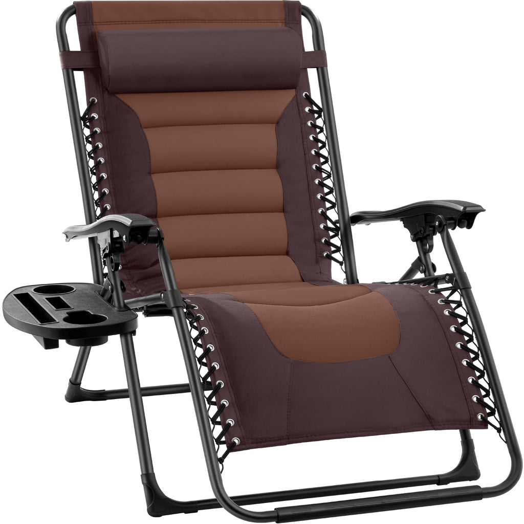 Best Choice Products Oversized Padded Zero Gravity Chair, Folding Outdoor Patio Recliner, Xl Anti Gravity Lounger For Backyard W/Headrest, Cup Holder, Side Tray, Polyester Mesh - Espresso/Caramel