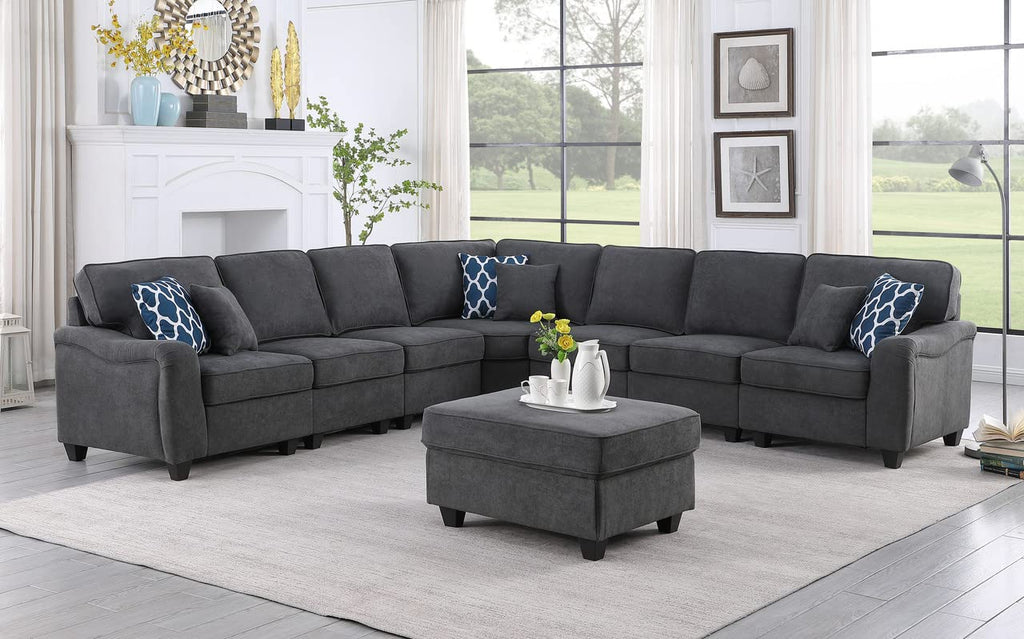 Lilola Home Leo Dark Gray Woven 8Pc Modular L-Shape Sectional Sofa and Ottoman