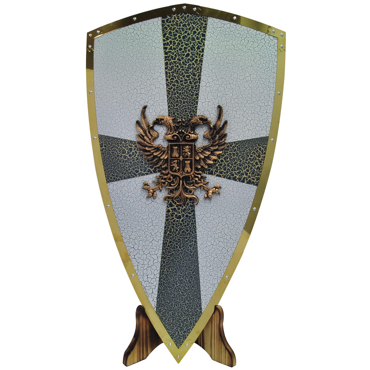 Ruian XY1018 Novelty Metal Fantasy Shield with Stand 30&quot;x18&quot;, White with Gray Cross and Gold Emblem