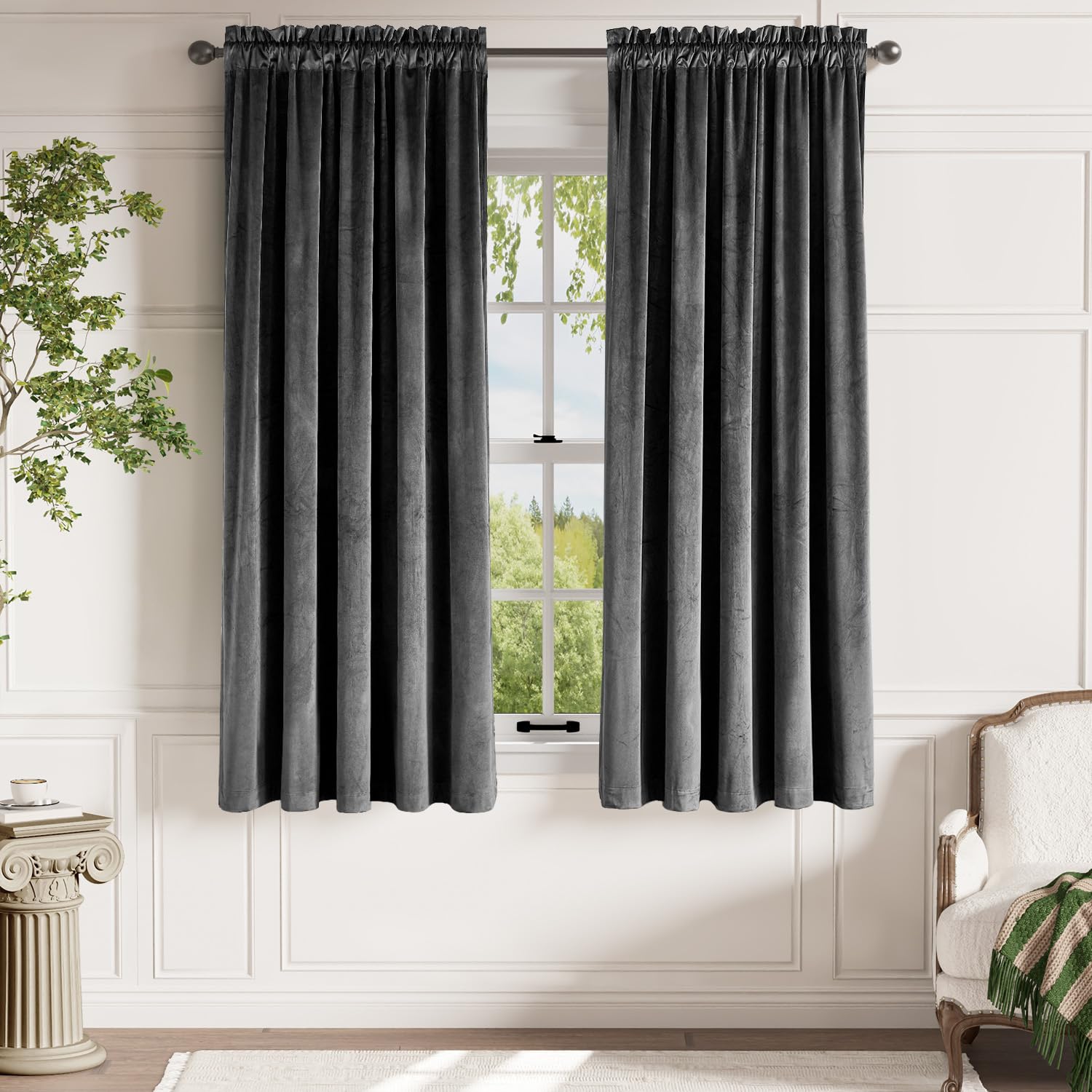 Lazzzy Velvet Grey Blackout Curtains 72 Inches Long Thermal Insulated Drapes For Bedroom Living Room Darkening Window Treatments Rod Pocket 2 Panels