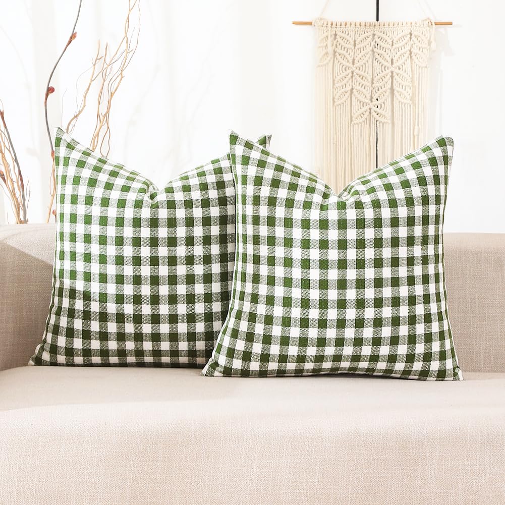 Carrie Home 20X20 Sage Green Farmhouse Plaid Pillow Covers Set Of 2, Spring Outdoor Checkered Pillow Covers 20 X 20, Green And W