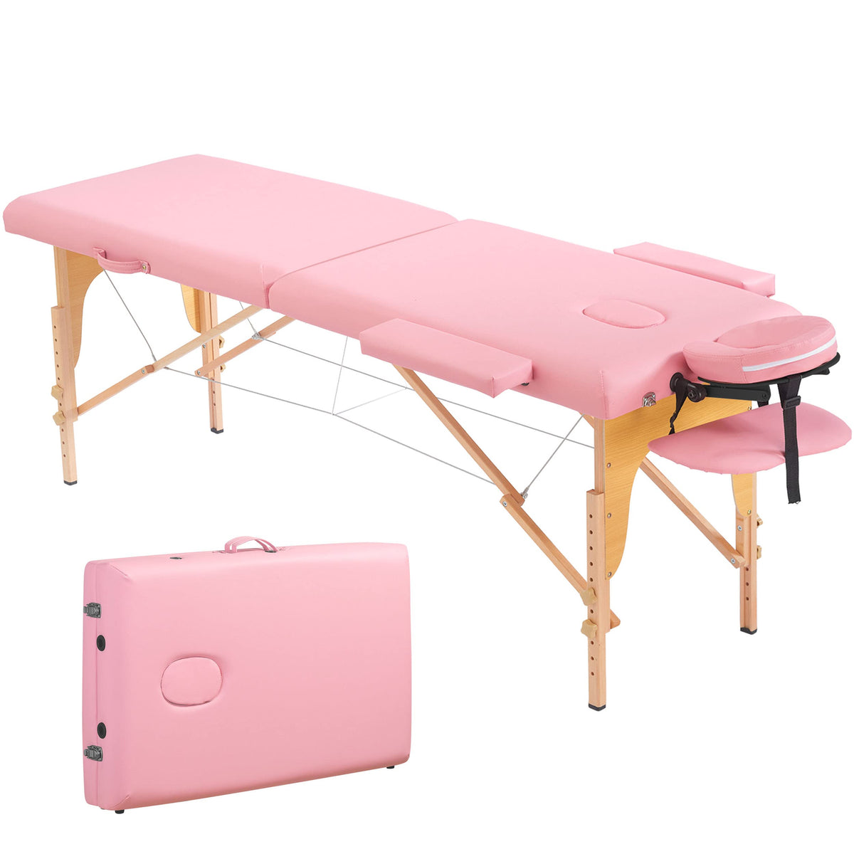 PrimeZone Pink Massage Table Portable - 2 Folding Lash Bed with Carrying Case & Face Cradle for Eyelash Extensions, Spa, Facial,