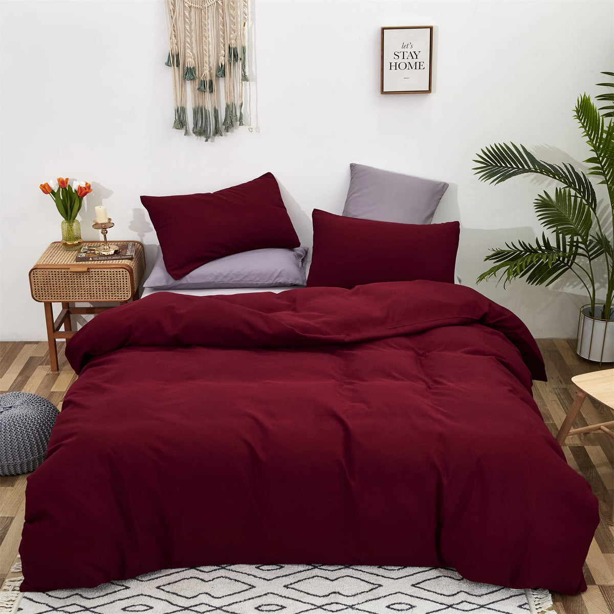 Cottonight Burgundy Comforter Set Full Wine Red Bedding Comforter Set Full Solid Claret Red Comforter Modern Blanket Quilt Breat