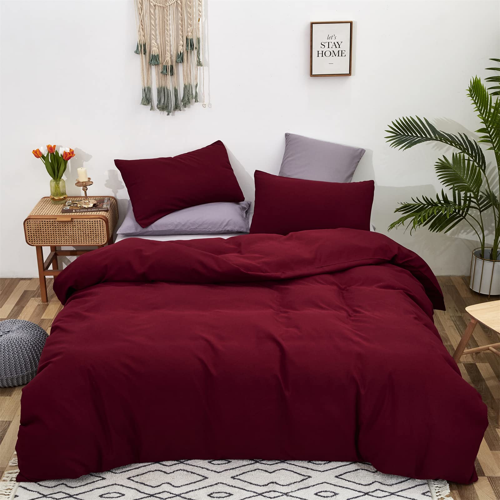 Cottonight Burgundy Comforter Set Full Wine Red Bedding Comforter Set Full Solid Claret Red Comforter Modern Blanket Quilt Breat