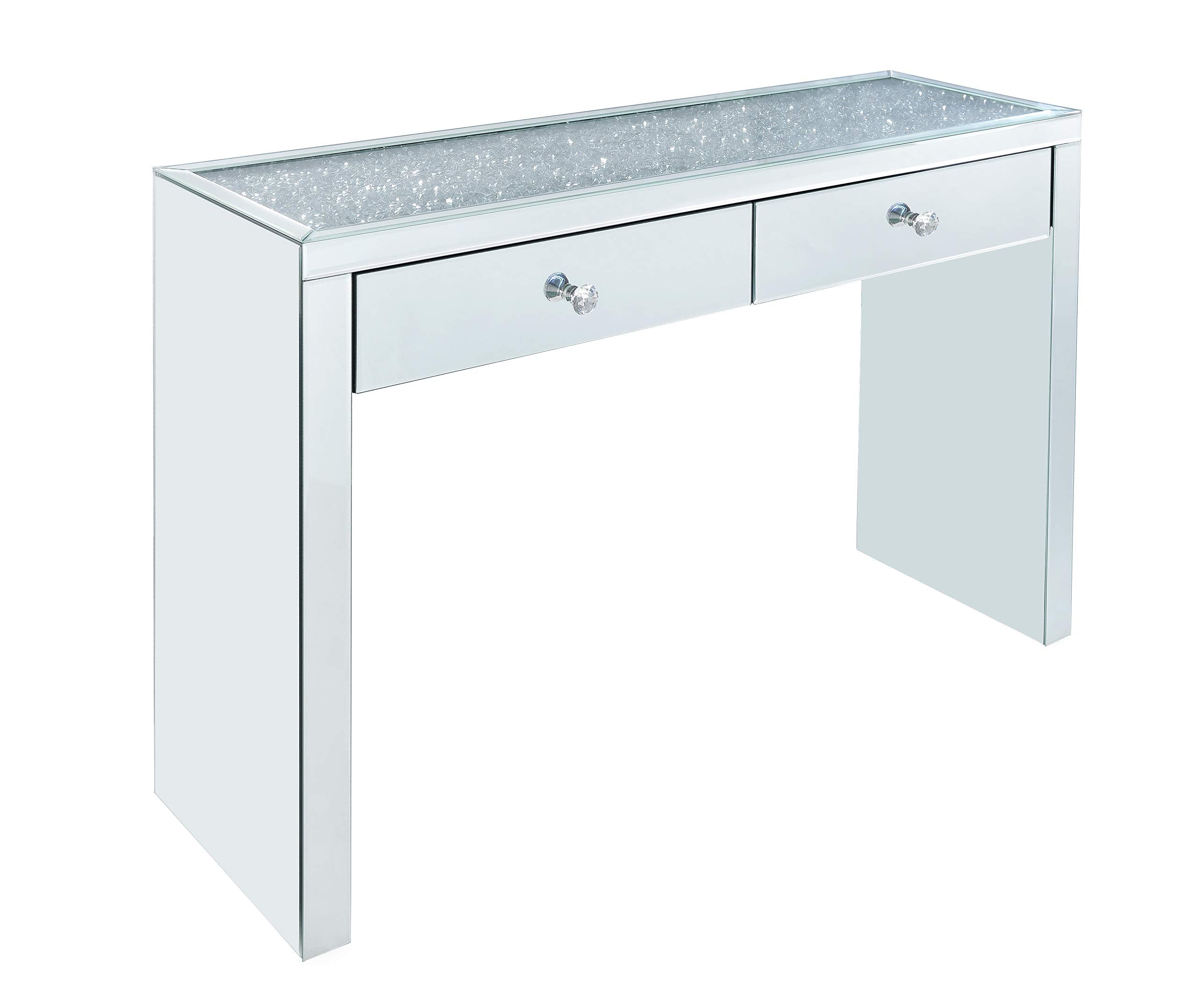 Benjara Wooden Console Table With 2 Storage Drawers And Faux Diamond Inlay, Silver
