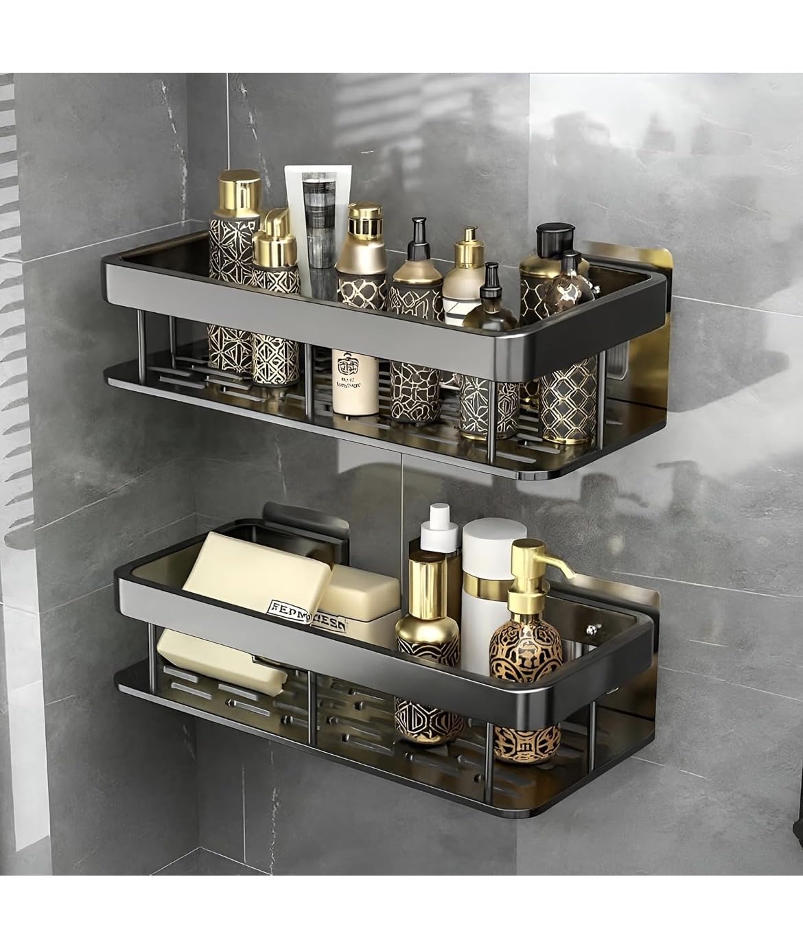 Aluminium Bathroom Wall Shelf Organiser 30 Cm Black, 2 Pcs