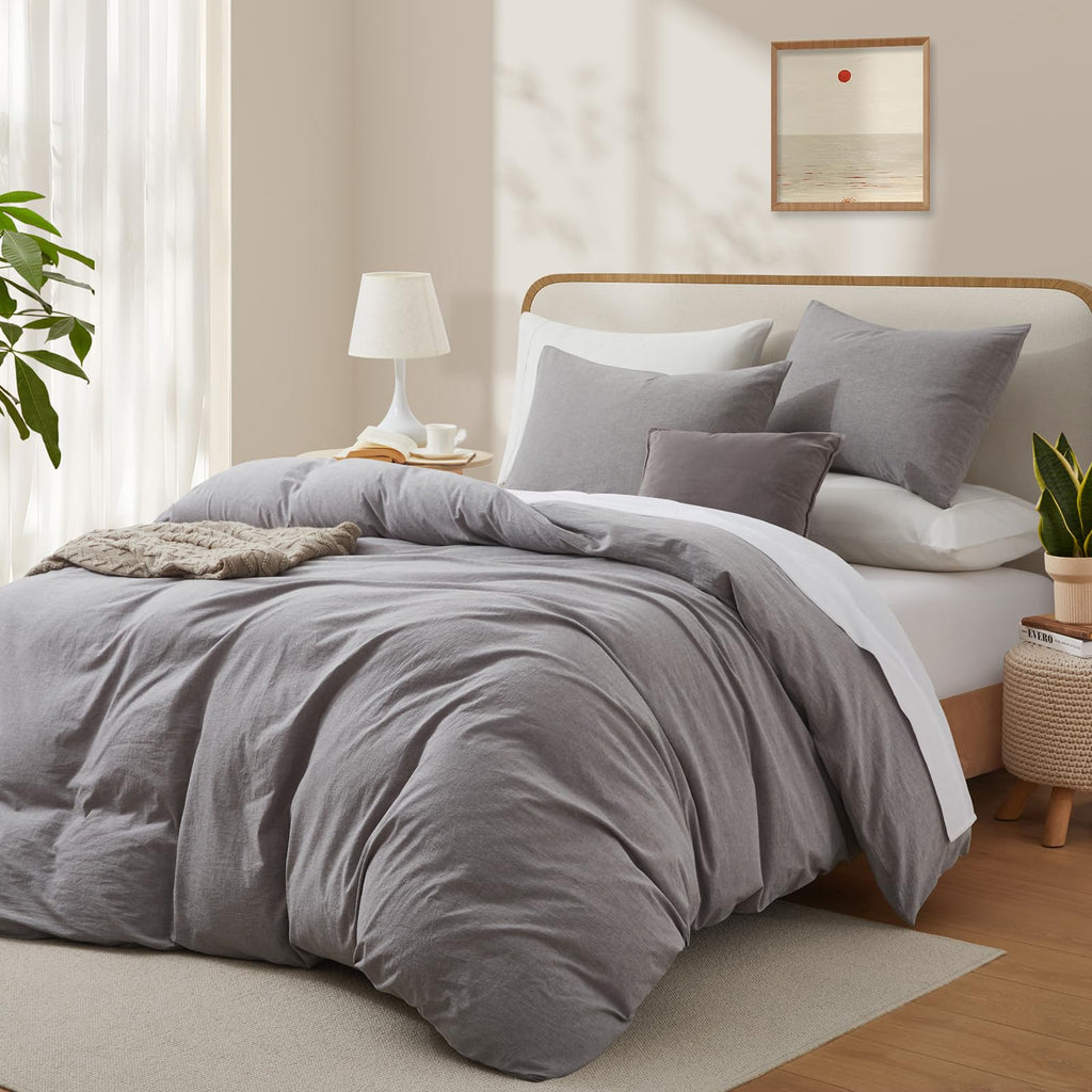 Lovque Light Grey Duvet Cover Full Size, 100% Washed Cotton Linen Like Bedding Set With Zipper Closure (No Comforter), 80X90 Inc