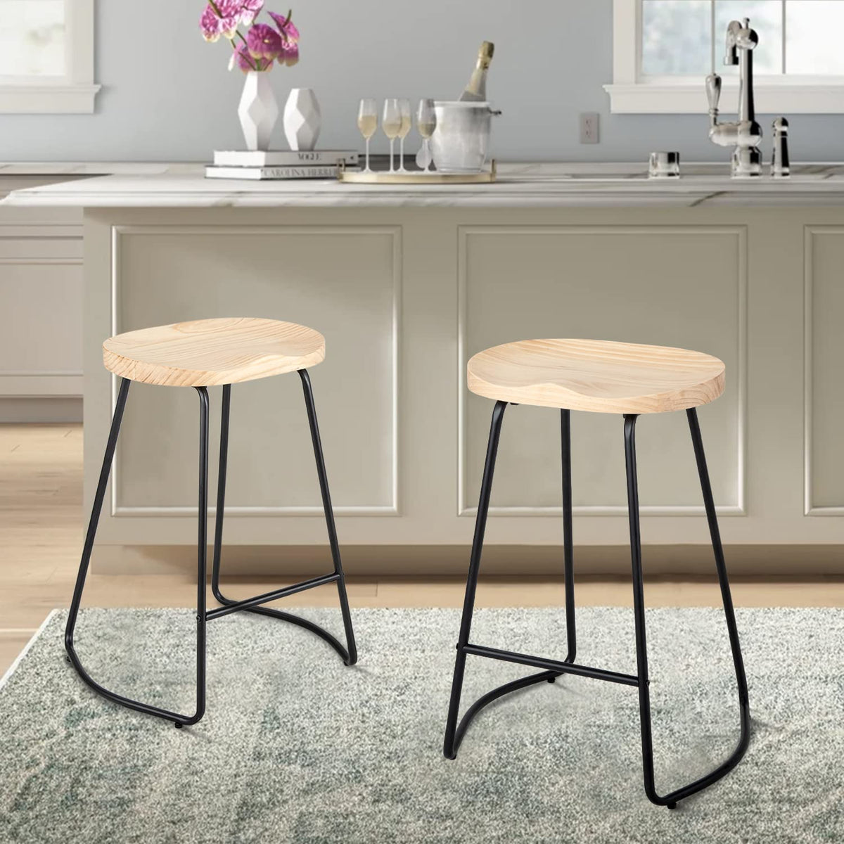 Heugah Bar Stools, Solid Wood Barstools Set Of 2, 26' Counter Height Bar Stools With Metal Leg,Rustic Backless Bar Stools For Kitchen Island,Bar Chairs With Solid Wood Saddle Seat (Burlywood, 26 Inch)
