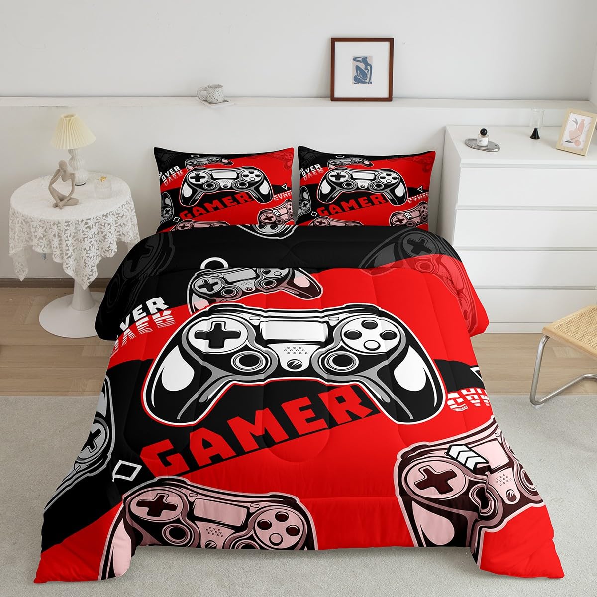 Erosebridal Gamer Comforter Sets For Boys Black And Red Gaming Twin Size Bedding Set Kids Video Game Bed Comforter Set Teens Gam