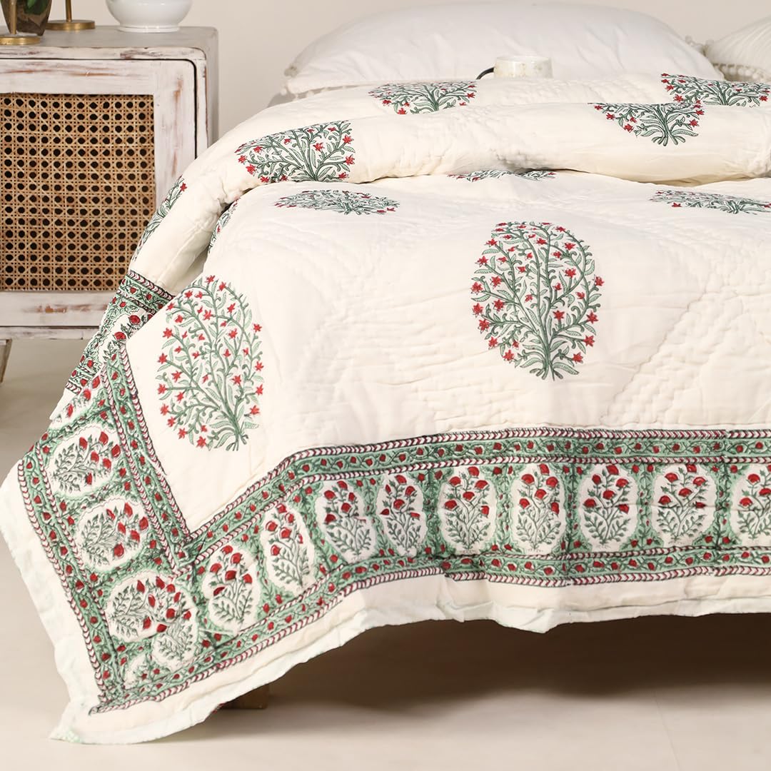 Peepul Tree Single Bed Cotton Malmal Quilt/Dohar | Hand Block Jaipuri Razai | Beautiful Floral Soft, Breathable & Reversible Ac 