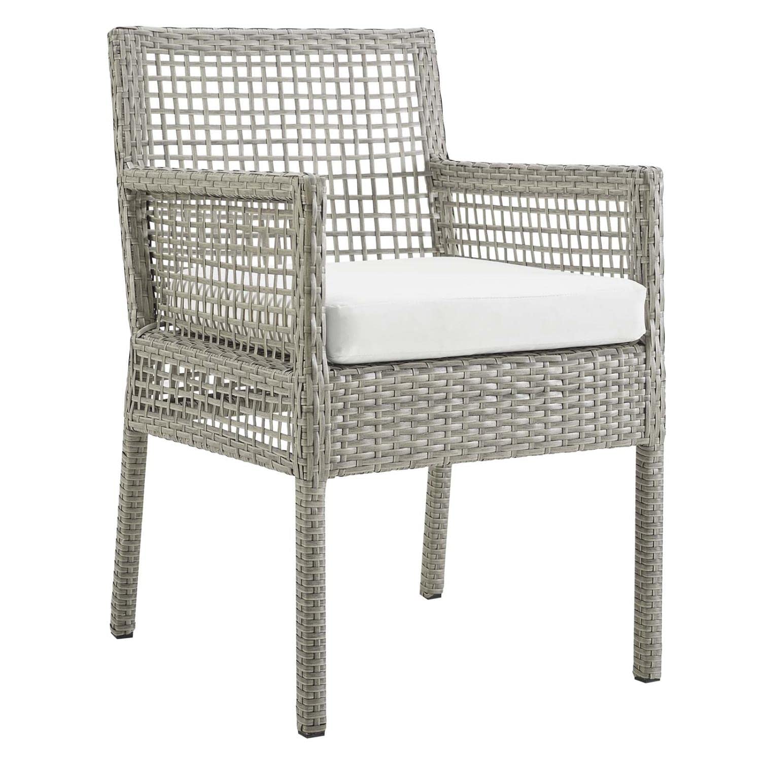 Modway Aura Wicker Rattan Outdoor Patio Dining Arm Chair with Cushion in Gray White