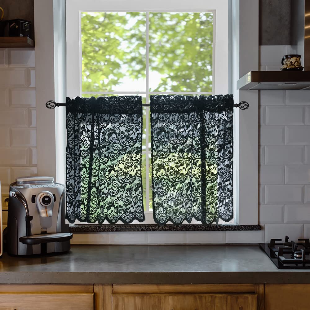 Aligogo Black Lace Curtains 24 Inch Length Goth Kitchen Curtains Window Small Curtains For Door Window Cafe Curtains Privacy Tie
