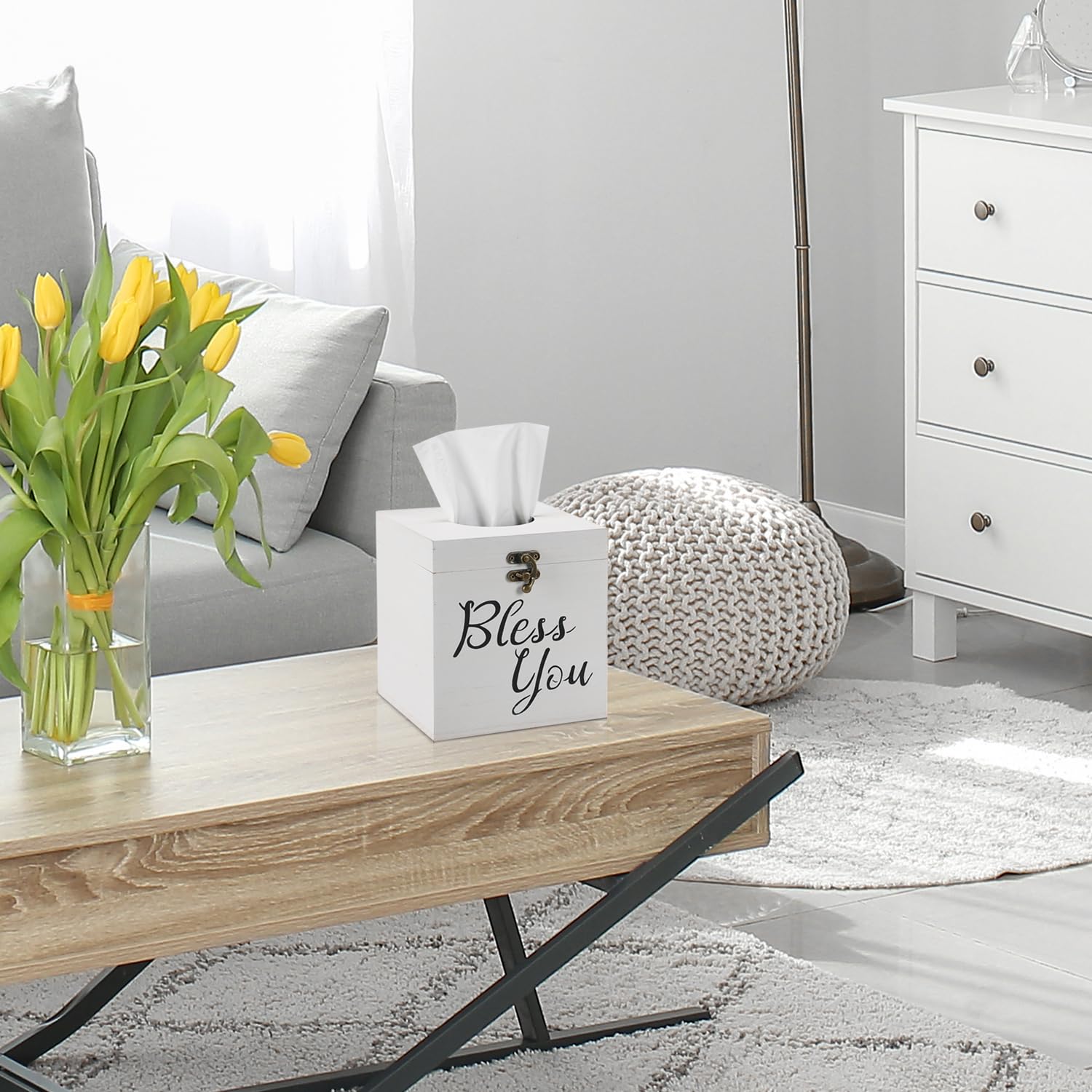 Jorikchuo Bless You Tissue Box Cover, Set Of 2 Wood Tissue Box Cover Square, Farmhouse Toilet Paper Holder (Classic White)